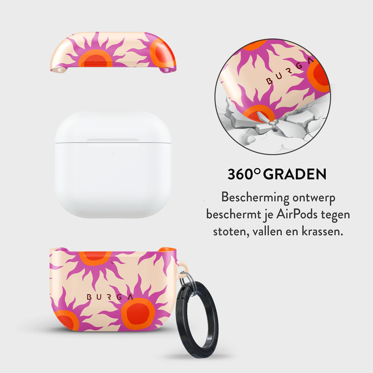 AirPods-hoesje met zonnepatroon, een aparte bovenkant en een witte AirPods-hoes. Een cirkelvormige afbeelding toont het barsten van de hoes. De tekst luidt: 360° GRADEN.