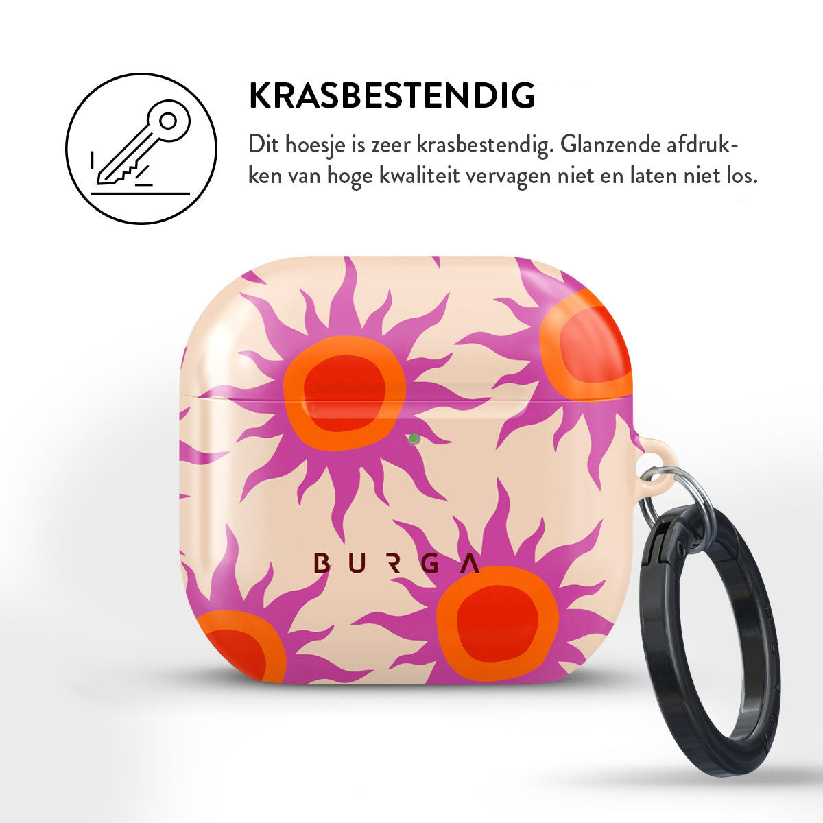 Een AirPod-hoesje met een bloemenpatroon. De hoes is versierd met paarse en oranje bloemen op een crèmekleurige achtergrond.