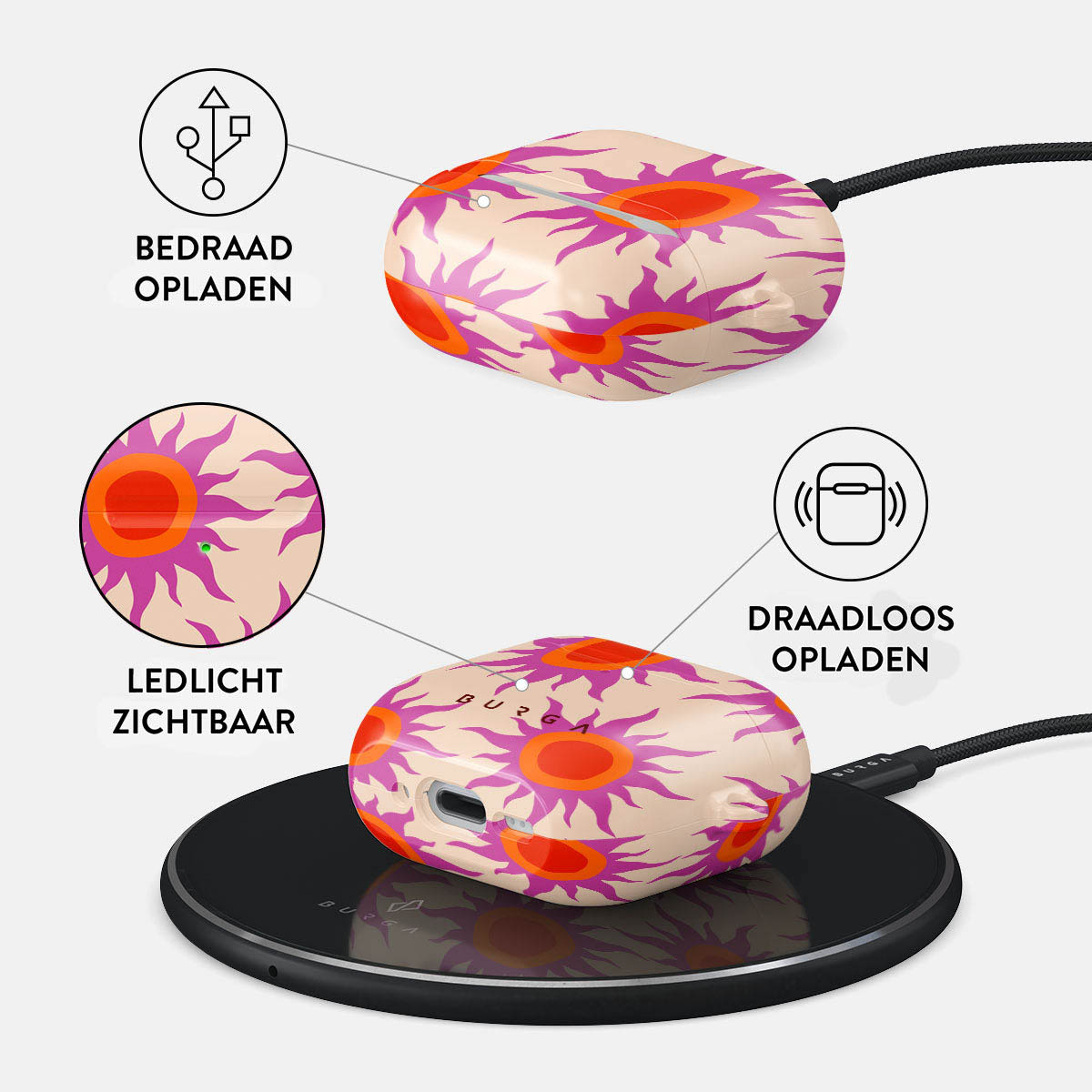 Oordopjescase met bloemenontwerp, op draadloze oplader. Functies: bedraad & draadloos opladen, zichtbare LED.