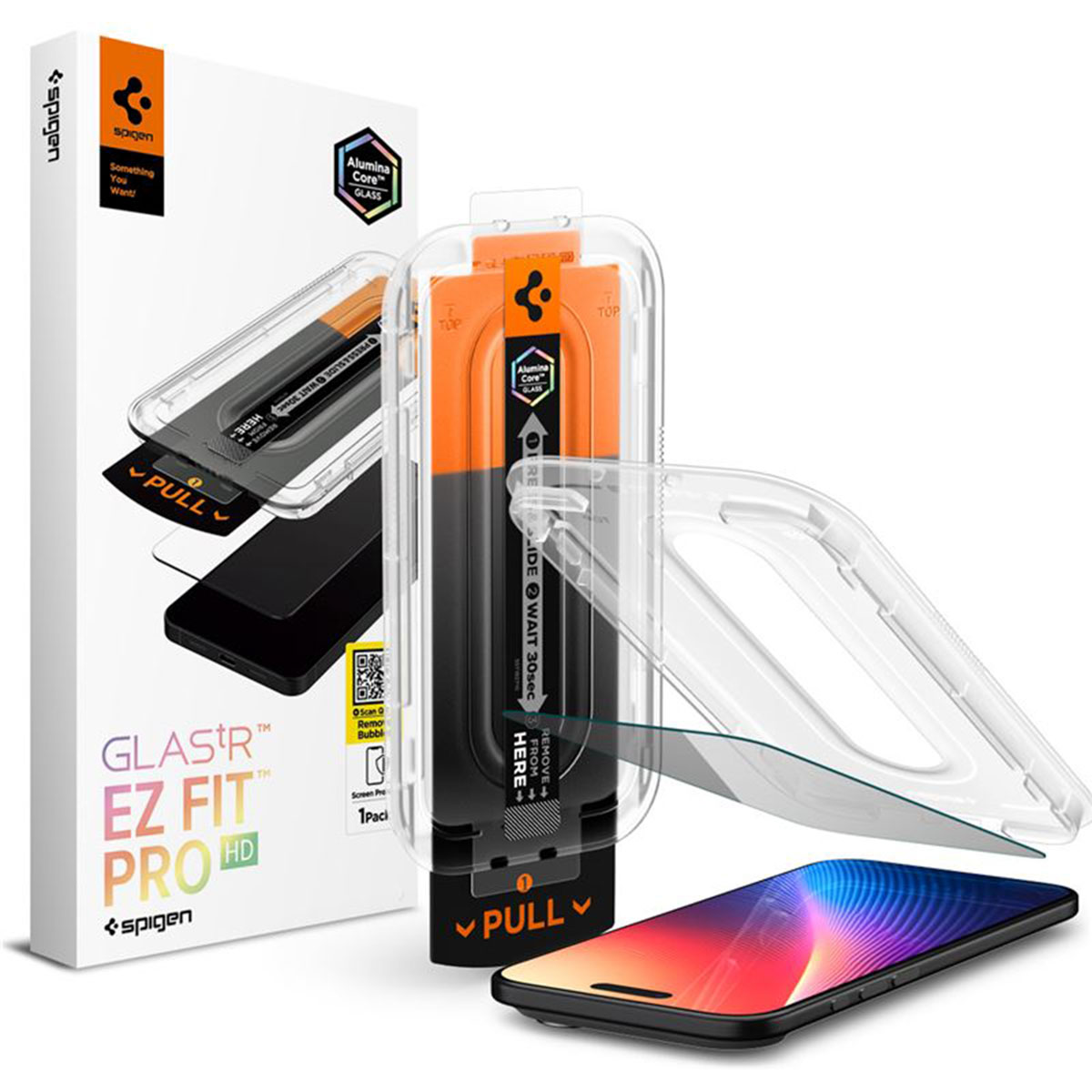 Spigen schermbeschermerset: telefoon, beschermer, applicator en verpakking op een wit oppervlak.