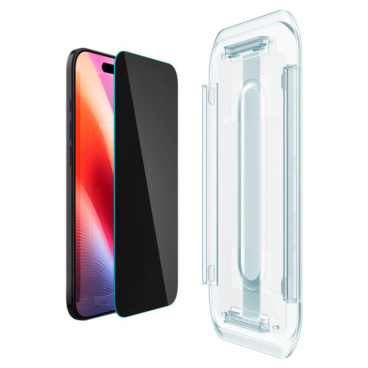 Een smartphone met een schermbeschermer en een uitlijnhulpmiddel. De telefoon heeft een zwarte schermbeschermer, het hulpmiddel is helder.
