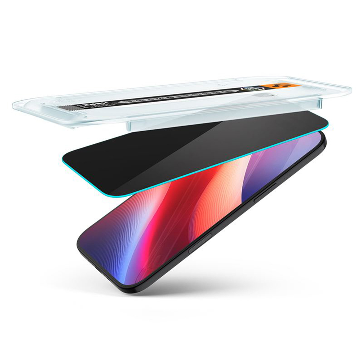 Een telefoon met een schermbeschermer die wordt aangebracht. De schermbeschermer is zwart, met een blauwe omtrek. De telefoon heeft een rood en paars scherm.