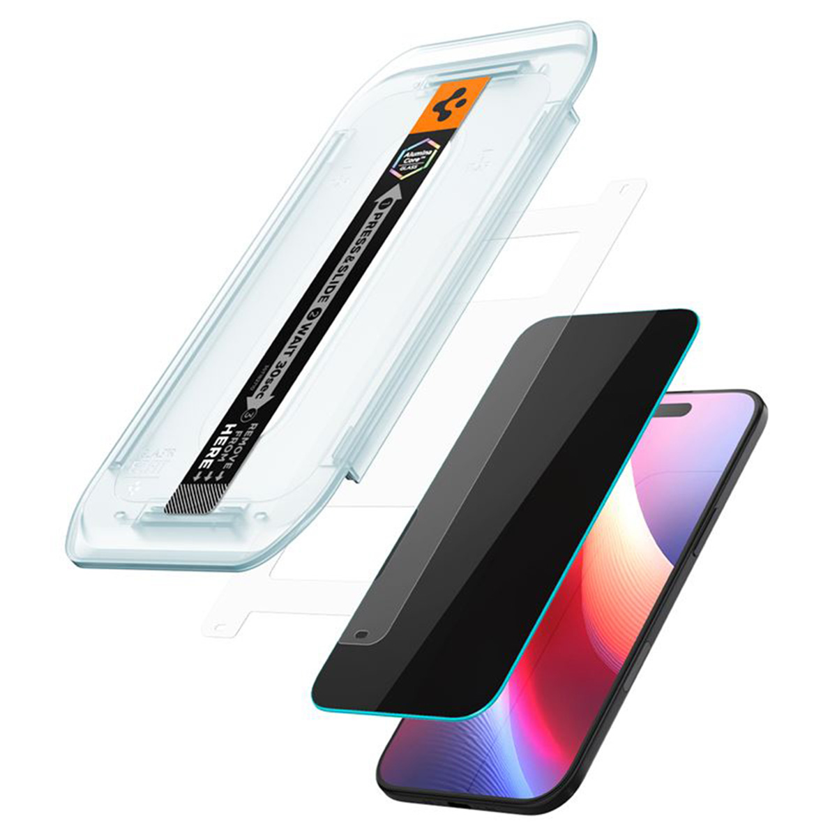 Een telefoon met een schermbeschermer, applicatieset. De beschermer is zwart met een blauwe omtrek. Transparante plastic behuizing met instructies.