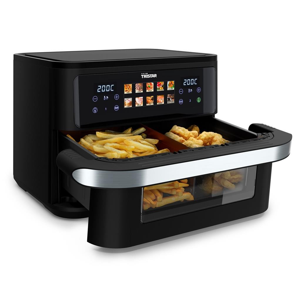 Ein schwarzer Tristar-Heißluftfritteuse mit zwei Fächern, eines mit Pommes, das andere mit frittierten Speisen. Es hat ein Digitaldisplay.