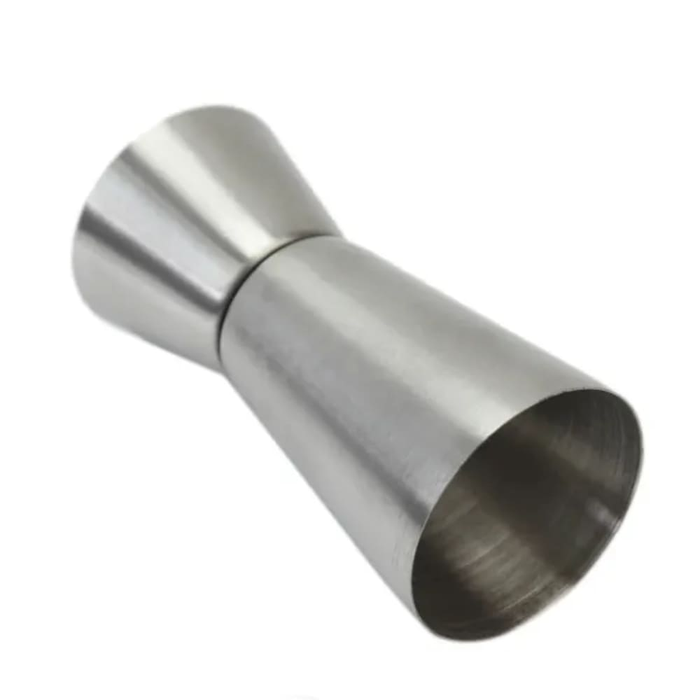 Un jigger per cocktail in acciaio inossidabile. Ha due misurini a forma di cono uniti al centro, con finitura lucida.