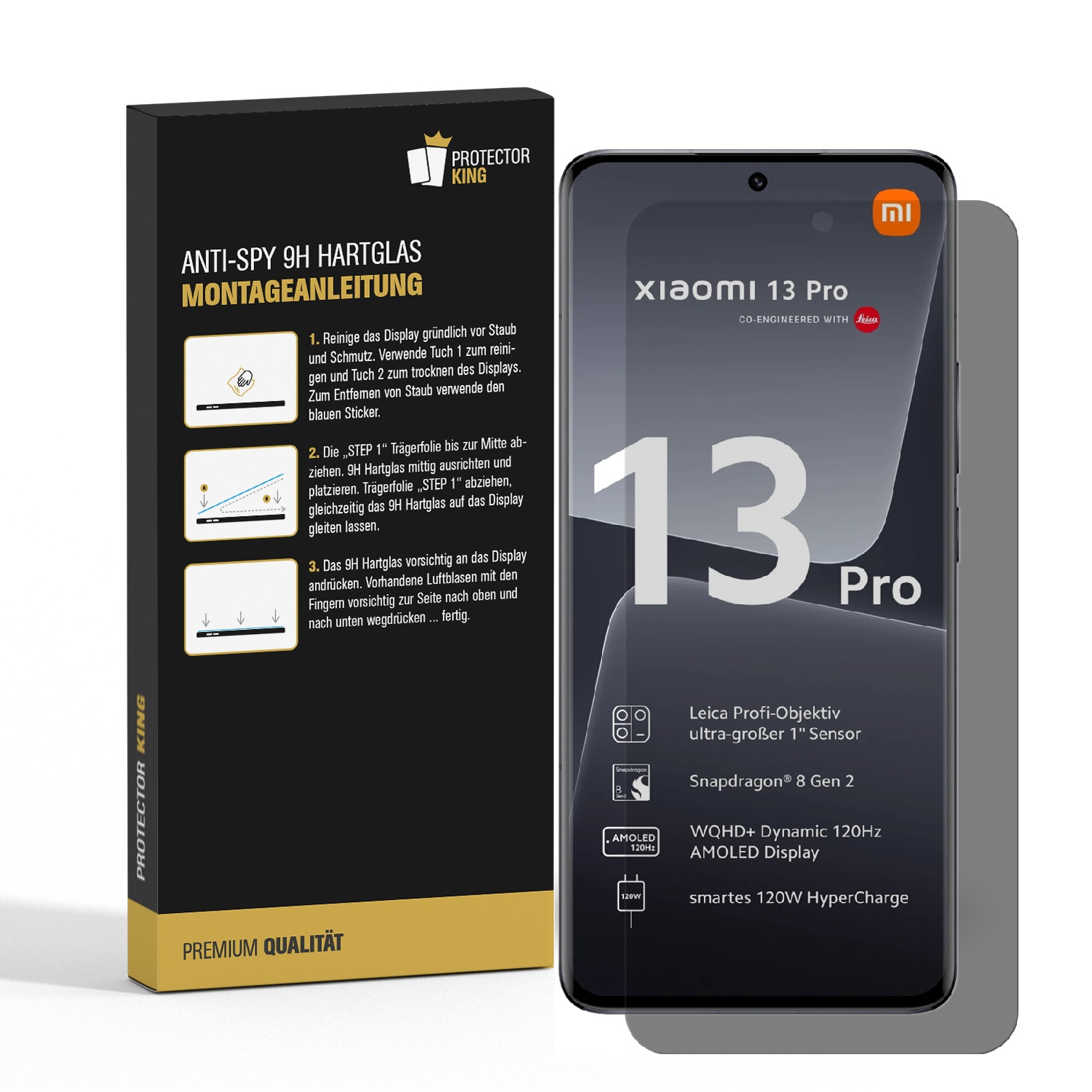 Ein Telefon und eine Schachtel. Das Telefon ist ein Xiaomi 13 Pro. Die Schachtel ist schwarz mit Anweisungen.