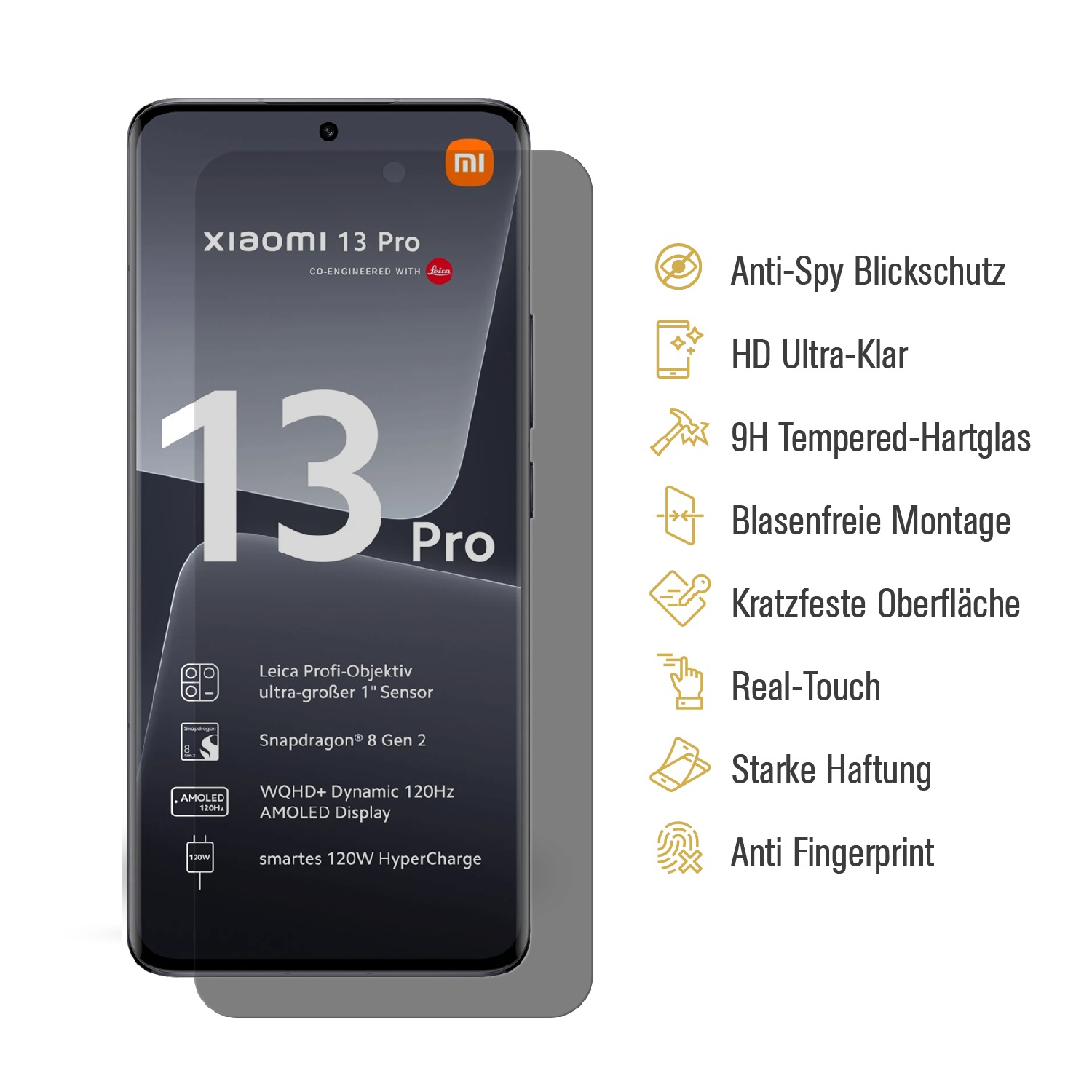Ein Xiaomi 13 Pro Smartphone mit Displayschutz. Zu den Merkmalen gehören Leica-Kamera, Snapdragon 8 Gen 2 und 120W HyperCharge.