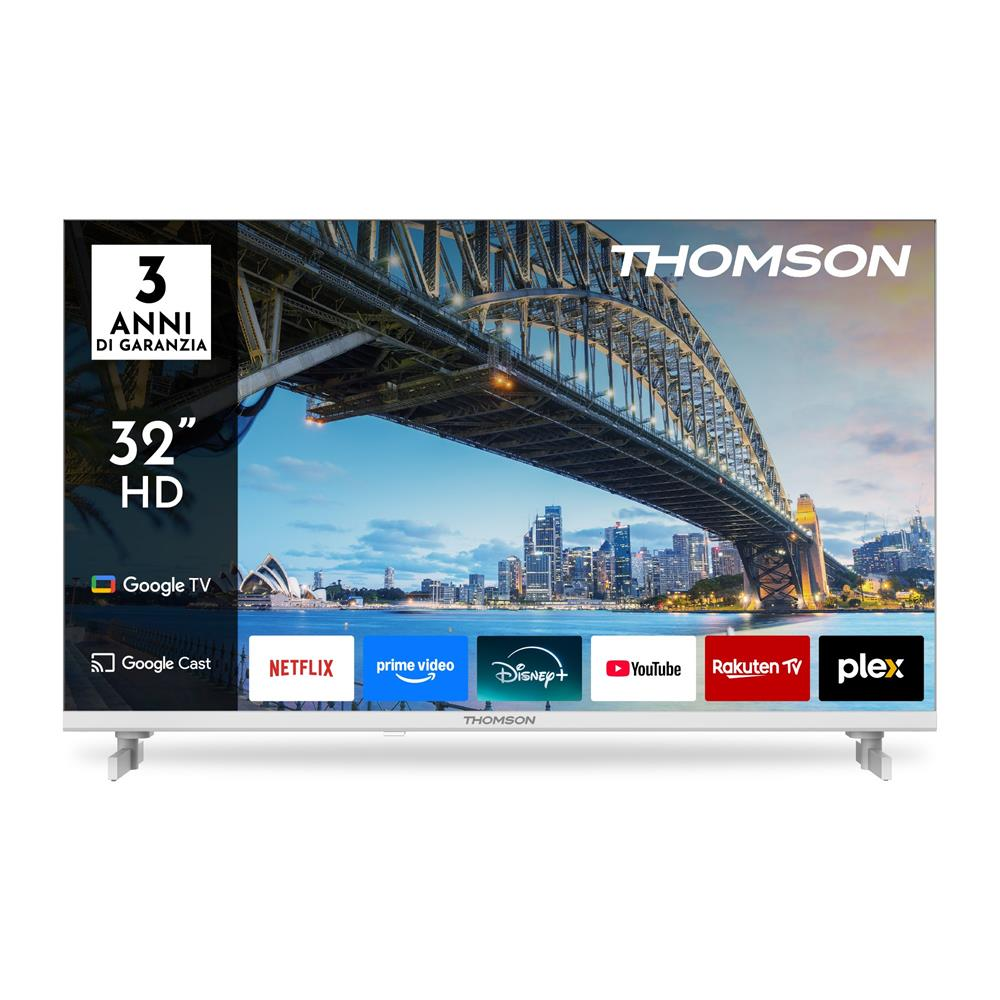 TV Thomson HD 32" con scena del ponte sullo schermo. Include i loghi di Google TV, Netflix, Prime Video, Disney+, YouTube e Plex.