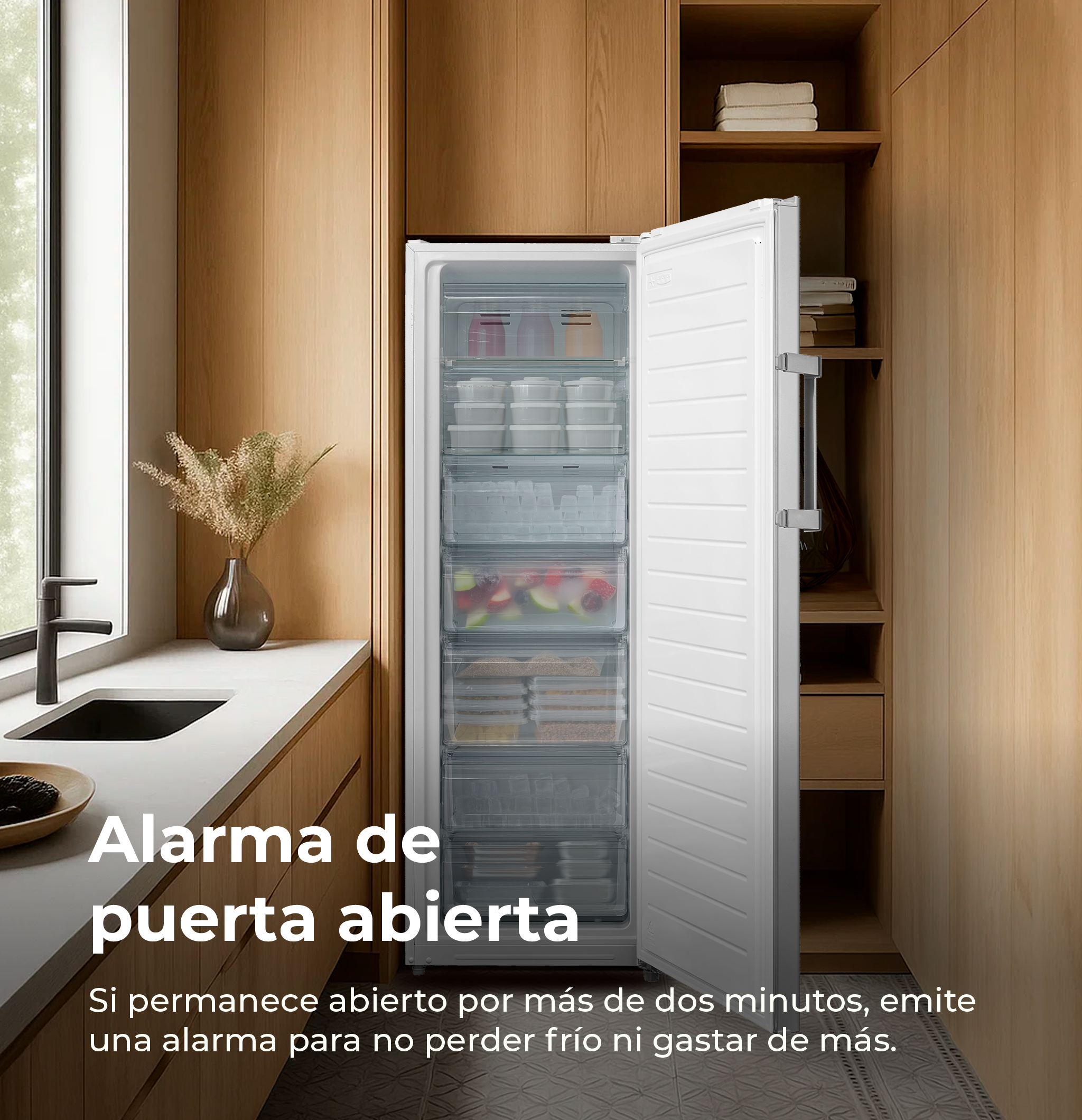 Congelador abierto en una cocina. La puerta abierta revela cajones llenos de comida. Armarios de madera rodean el congelador.