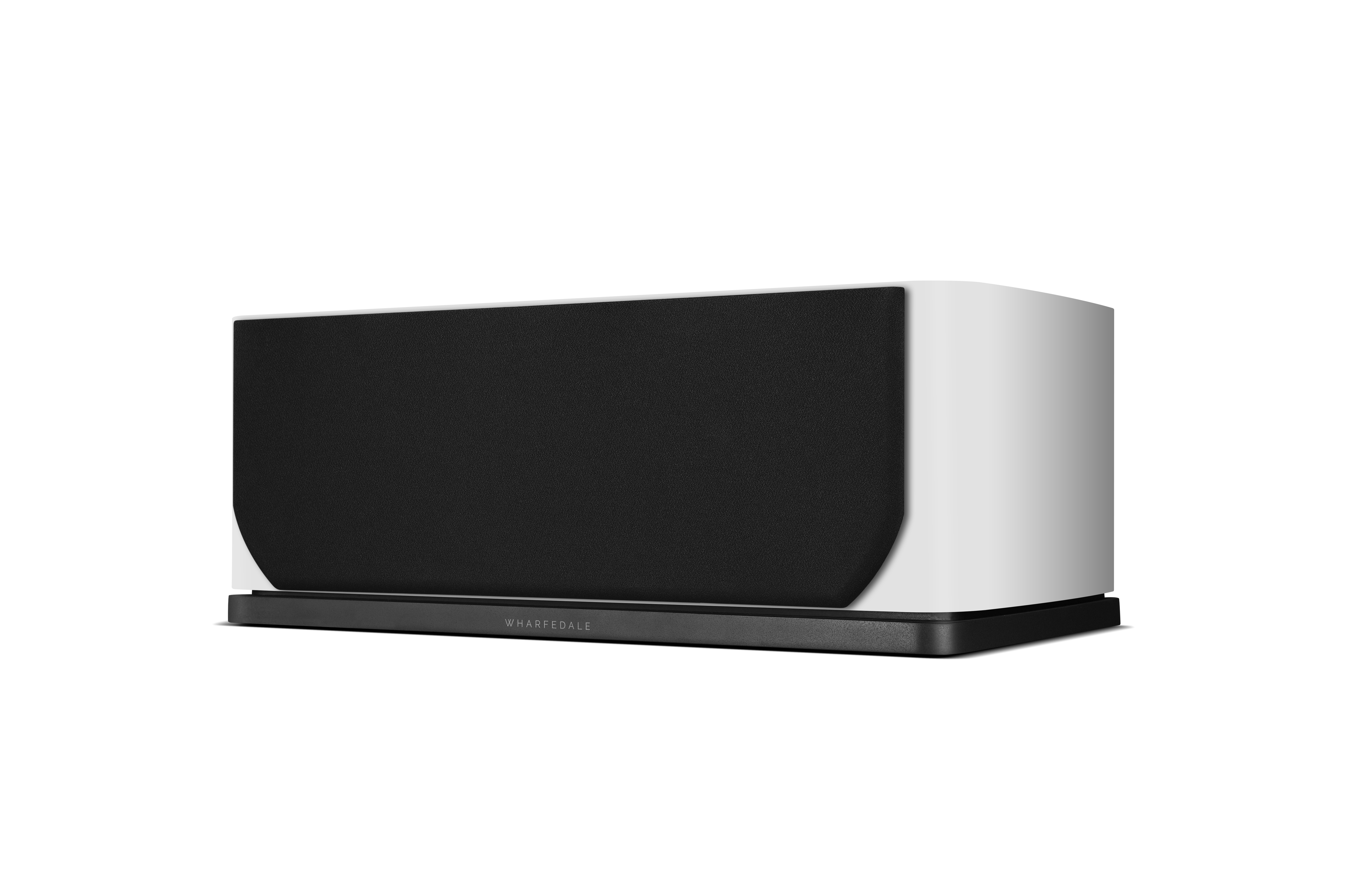 A white speaker with a black front and base. The brand name 'Wharfedale' is printed on the base.