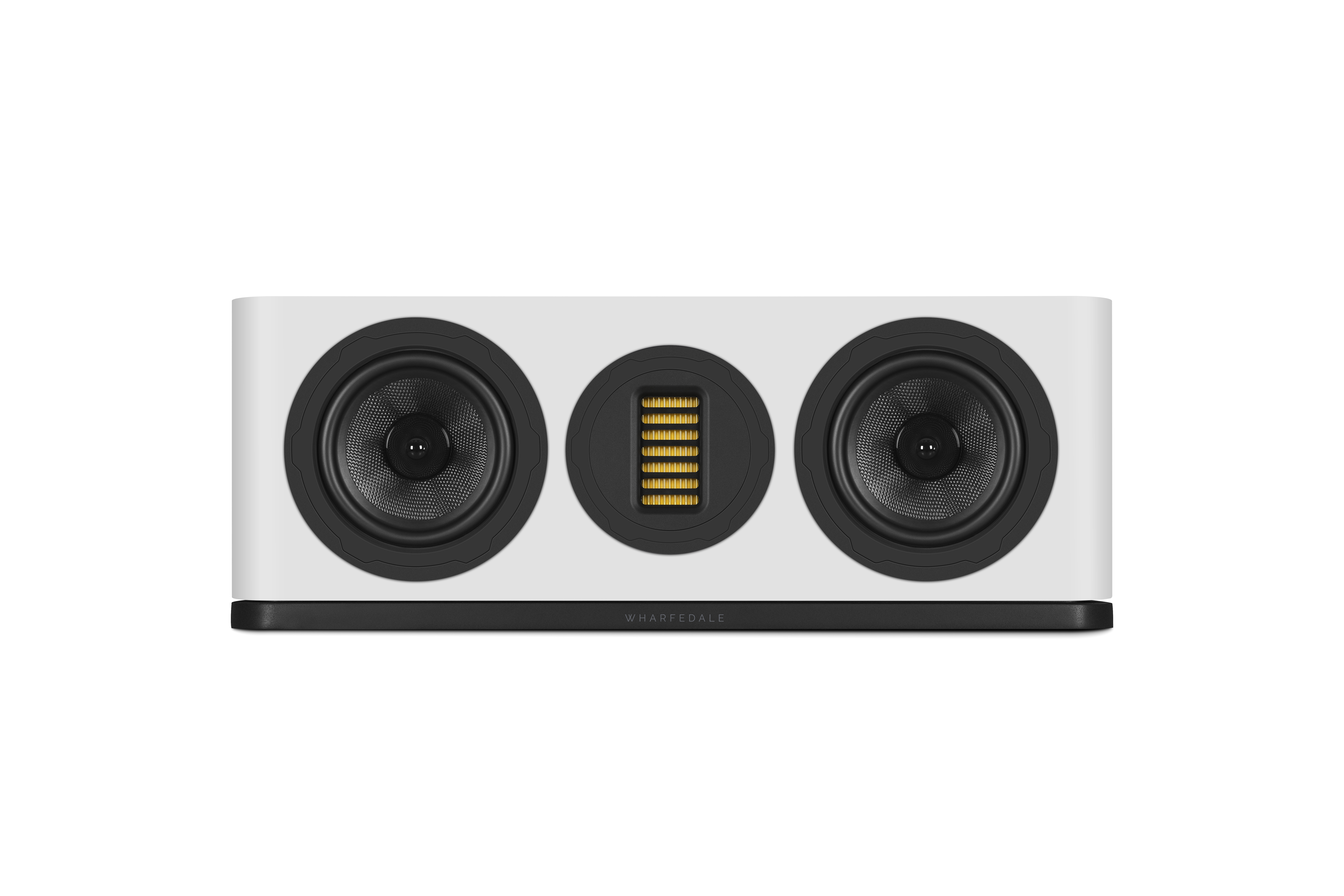 A white speaker with three black speaker cones. The middle cone has gold accents. The base is black with the brand name.