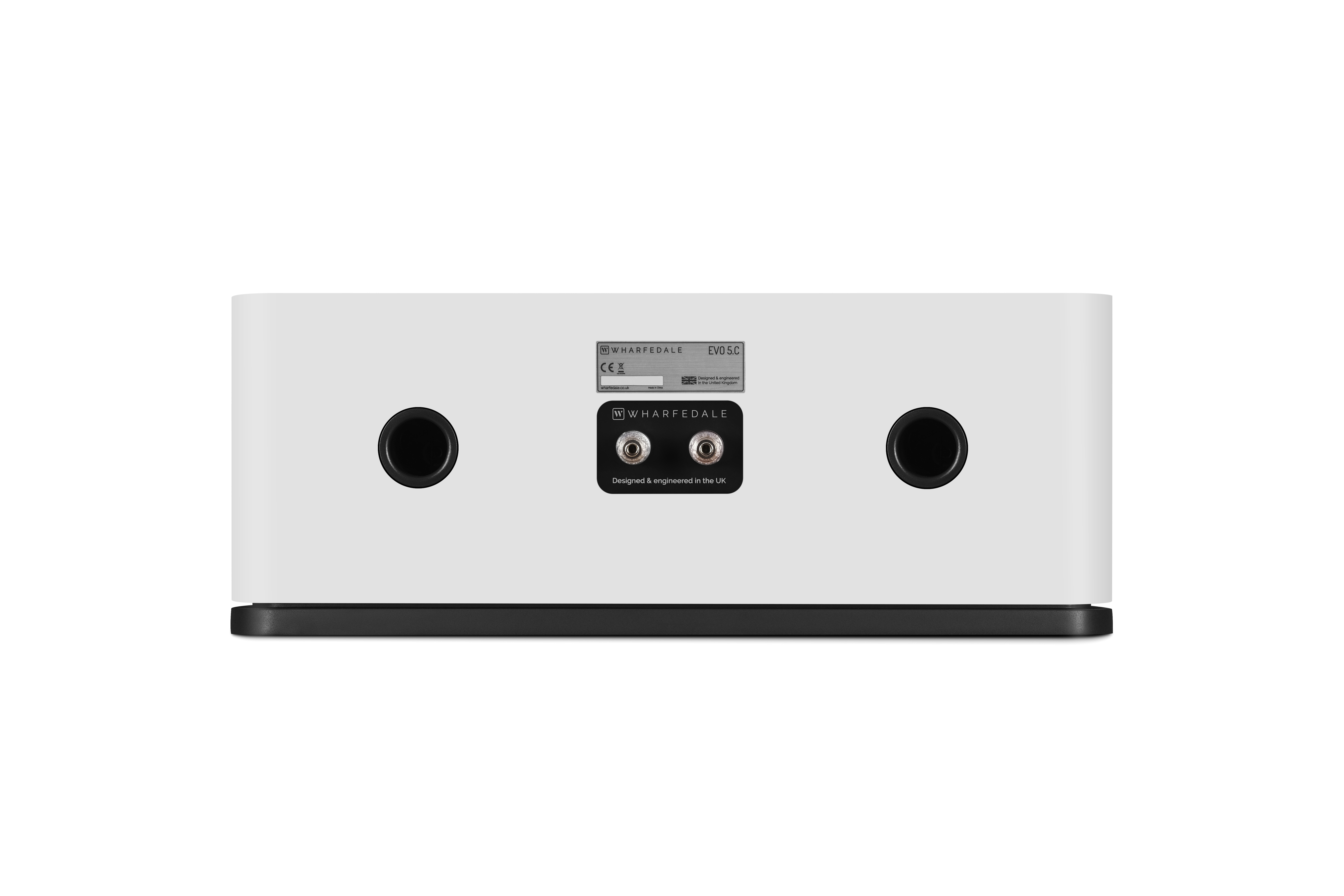 A white speaker with two black holes and a black base. The back has labels and connection ports.