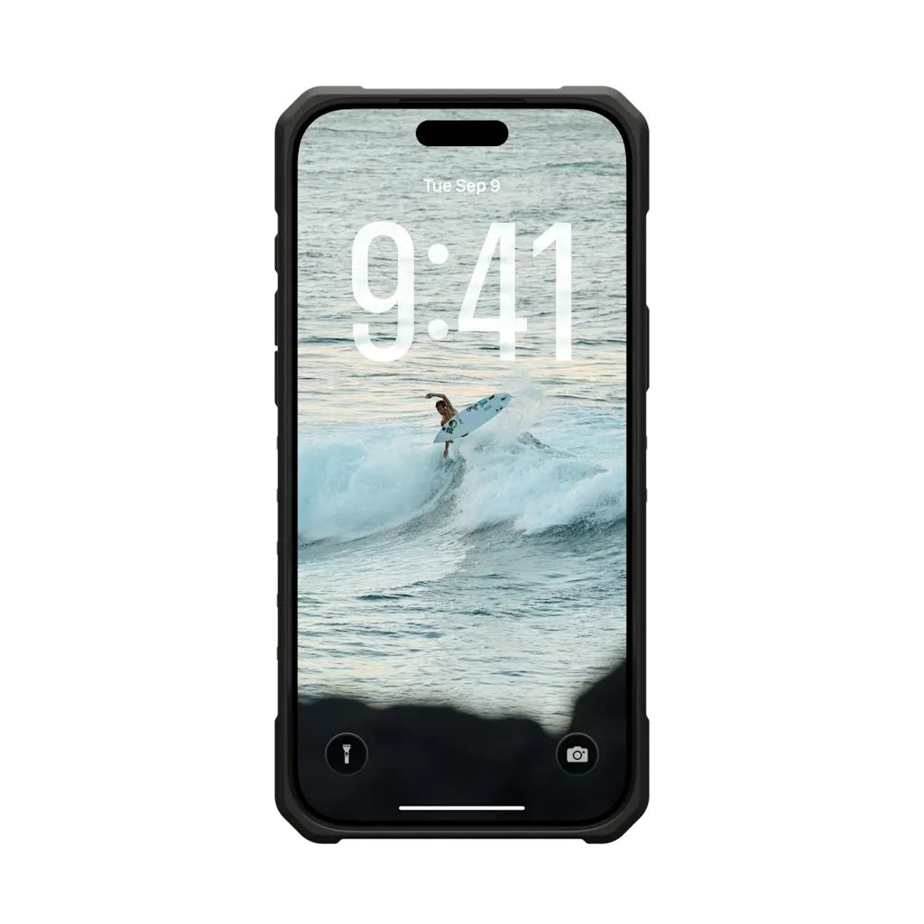 Telefon mit Surfer auf Welle. Die Uhrzeit ist 9:41, Dienstag, 9. September. Das Telefon hat eine schwarze Hülle.