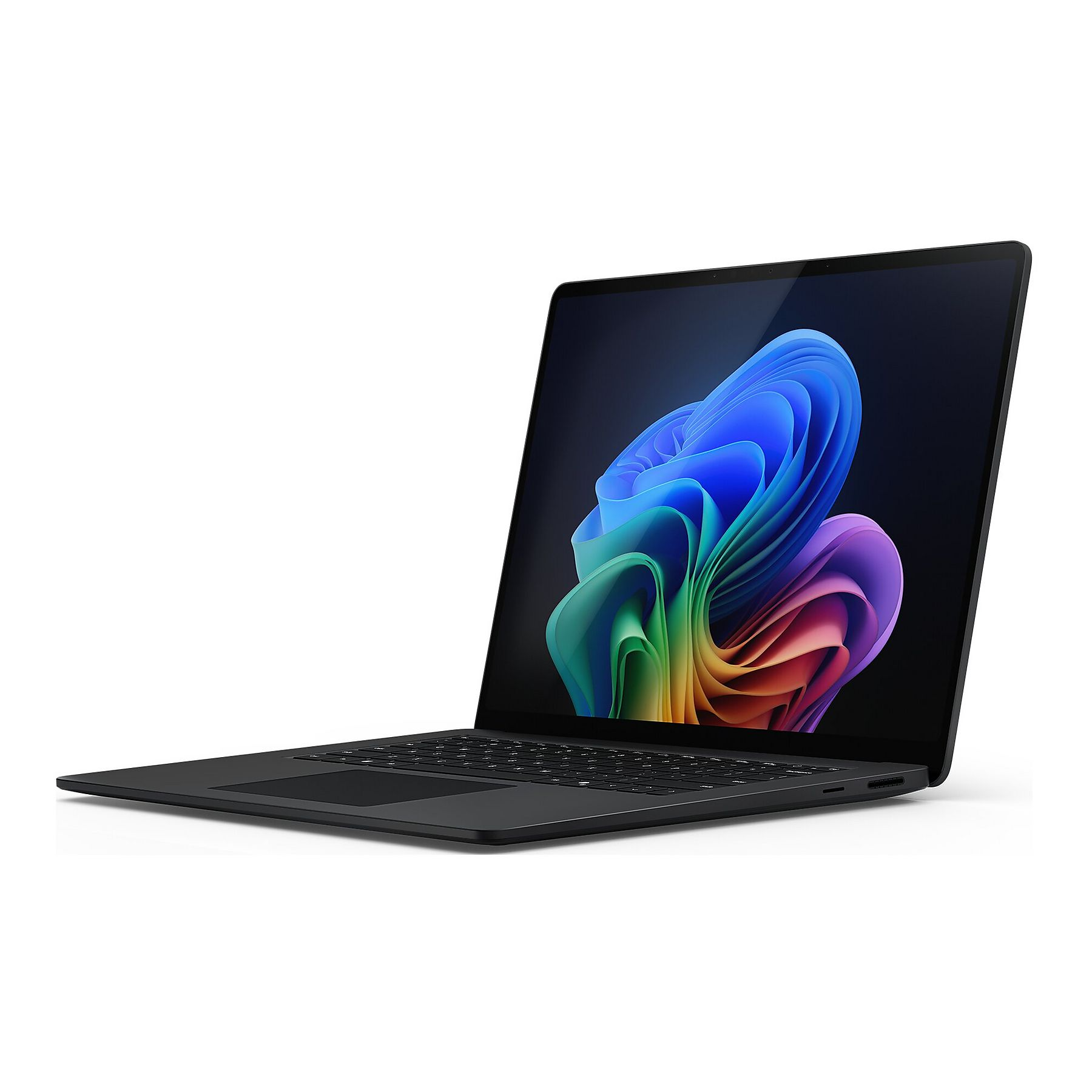 Laptop nero con sfondo astratto colorato. Il laptop è aperto, angolato a destra, su una superficie bianca.