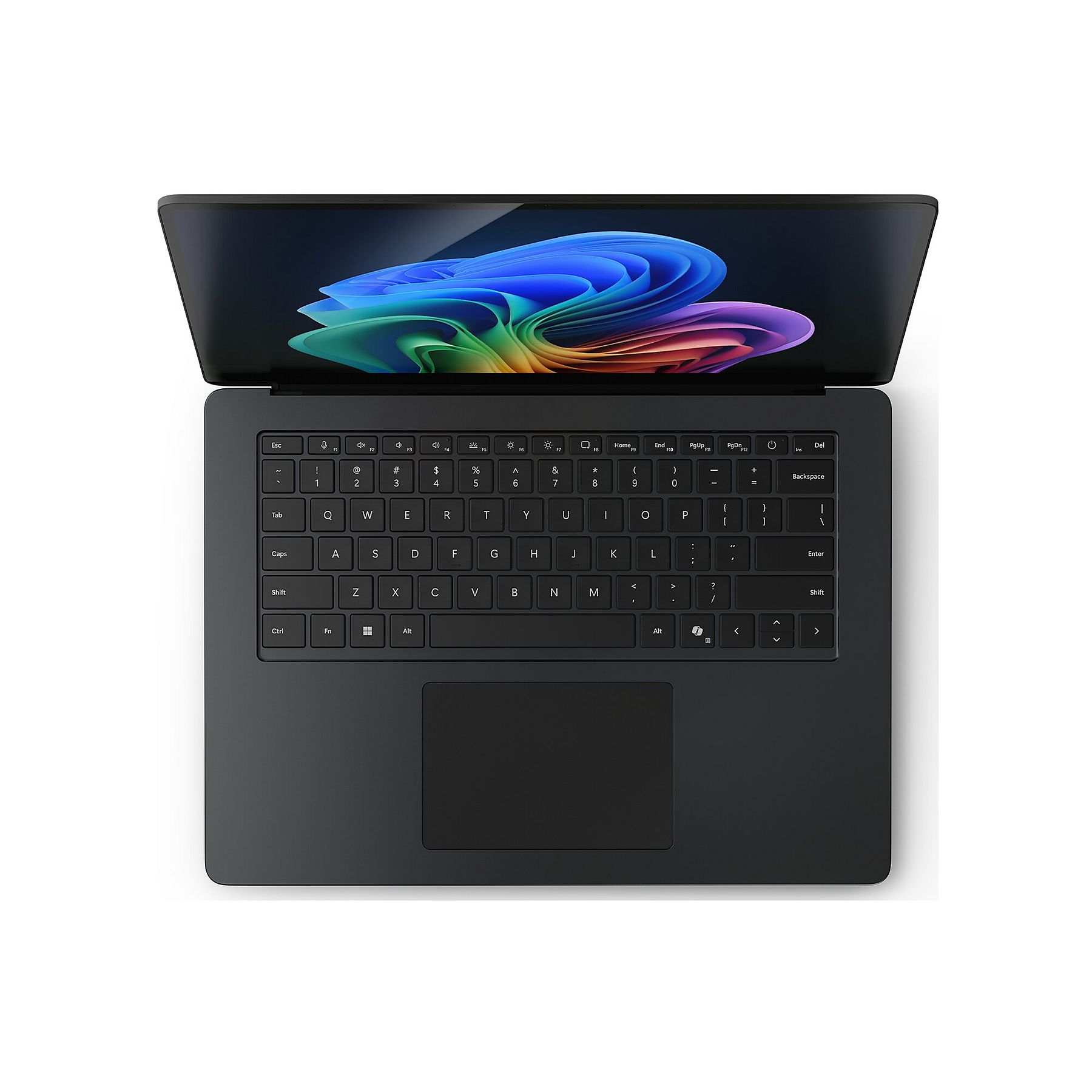 Laptop nero, aperto, mostra tastiera e schermo con design astratto colorato su sfondo bianco.