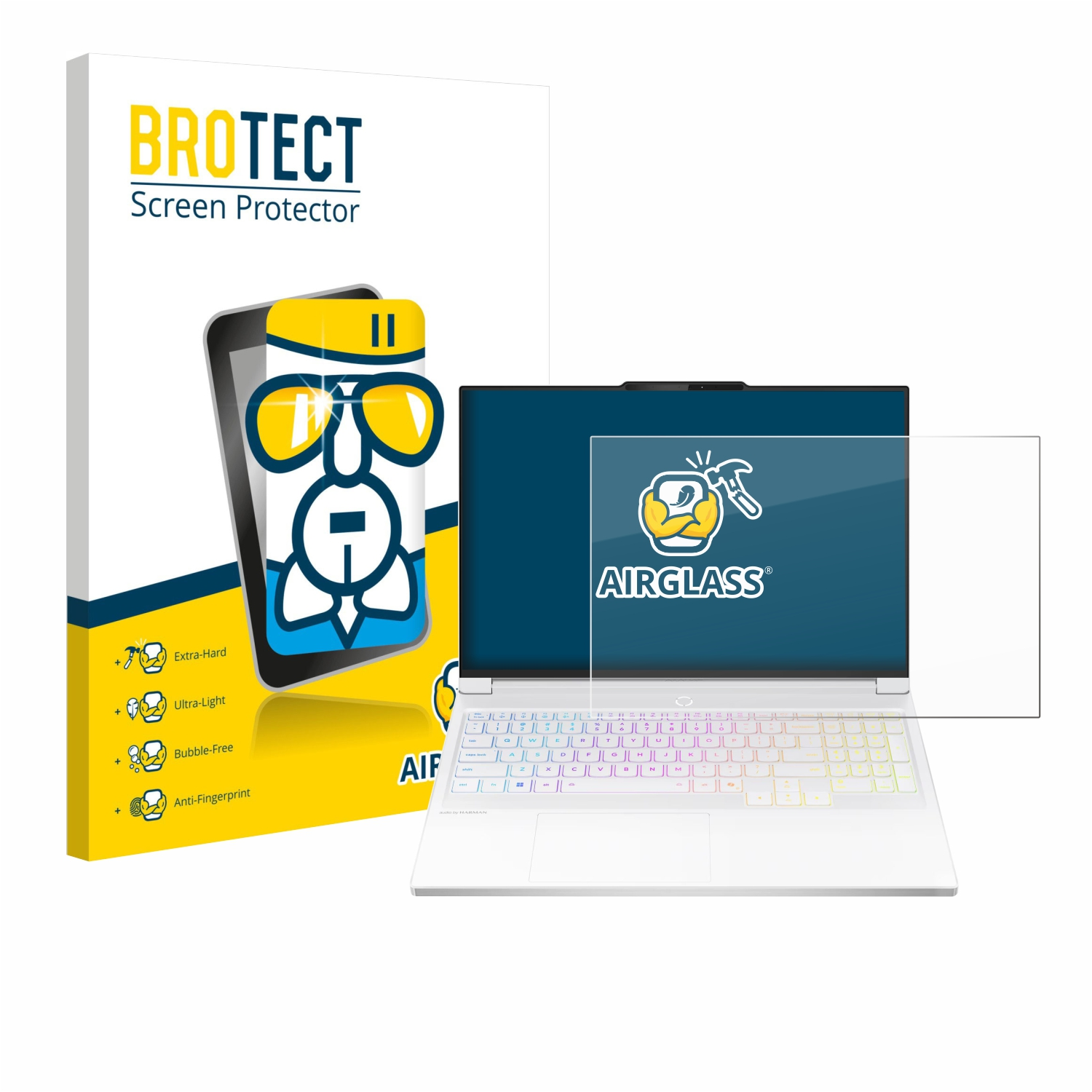 Ein Laptop mit Displayschutzfolie neben der Verpackung. Auf der Verpackung steht BROTECT Screen Protector und AIRGLASS auf dem Bildschirm.