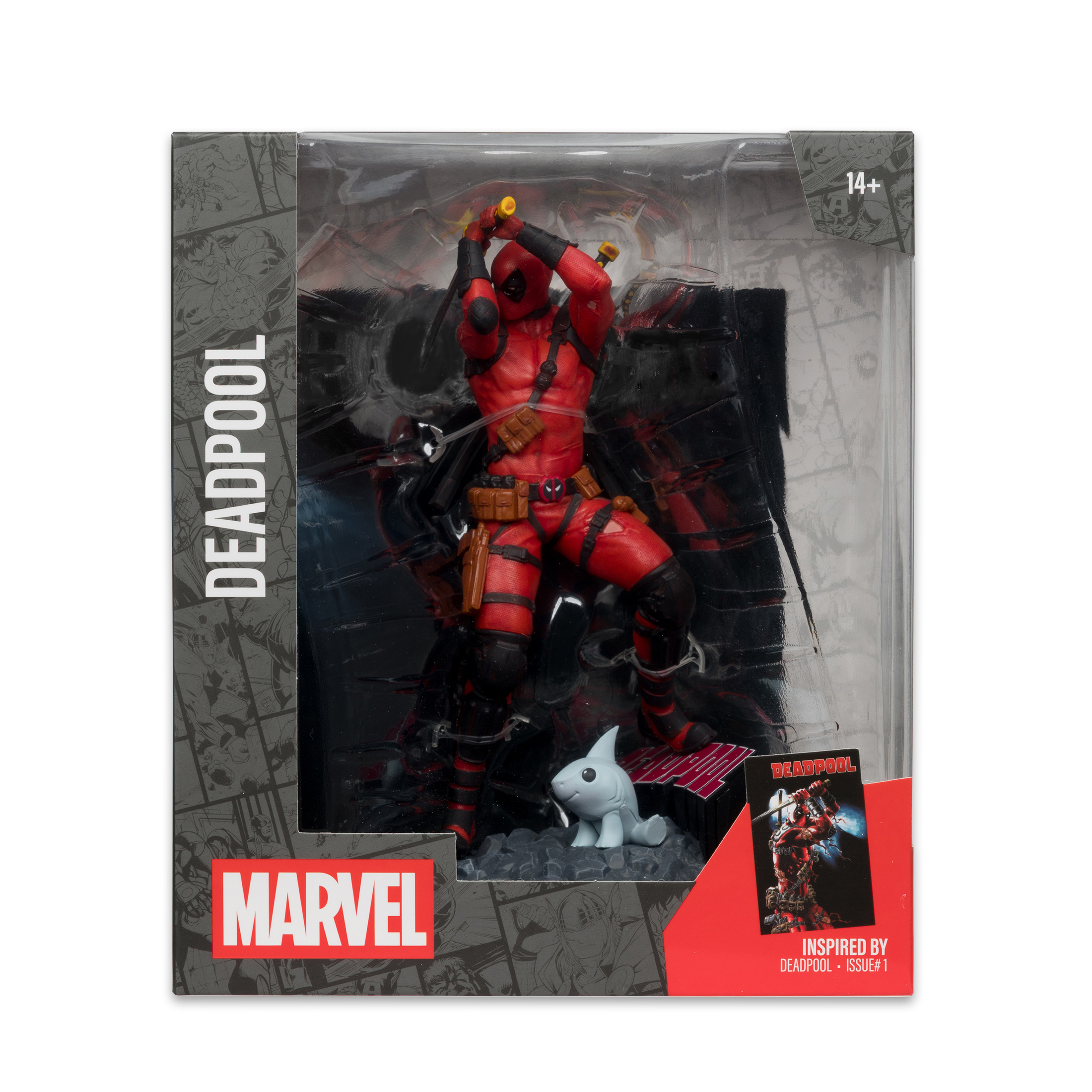 Action figure di Deadpool in una scatola. Abito rosso, con spade. Include uno squalo grigio e il logo Marvel.