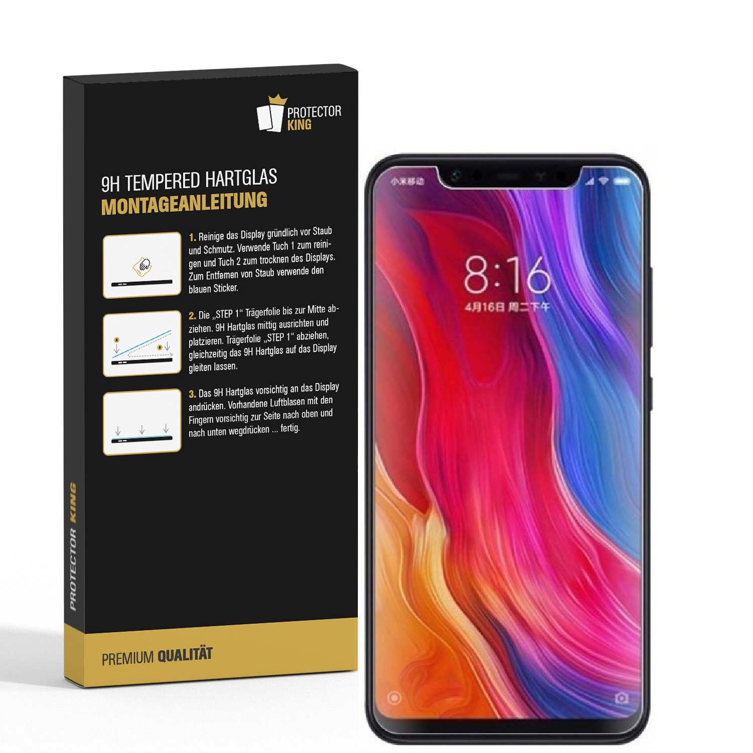 Ein Telefon und eine Box. Das Telefon zeigt die Uhrzeit. Die Box enthält Anweisungen für einen Displayschutz.