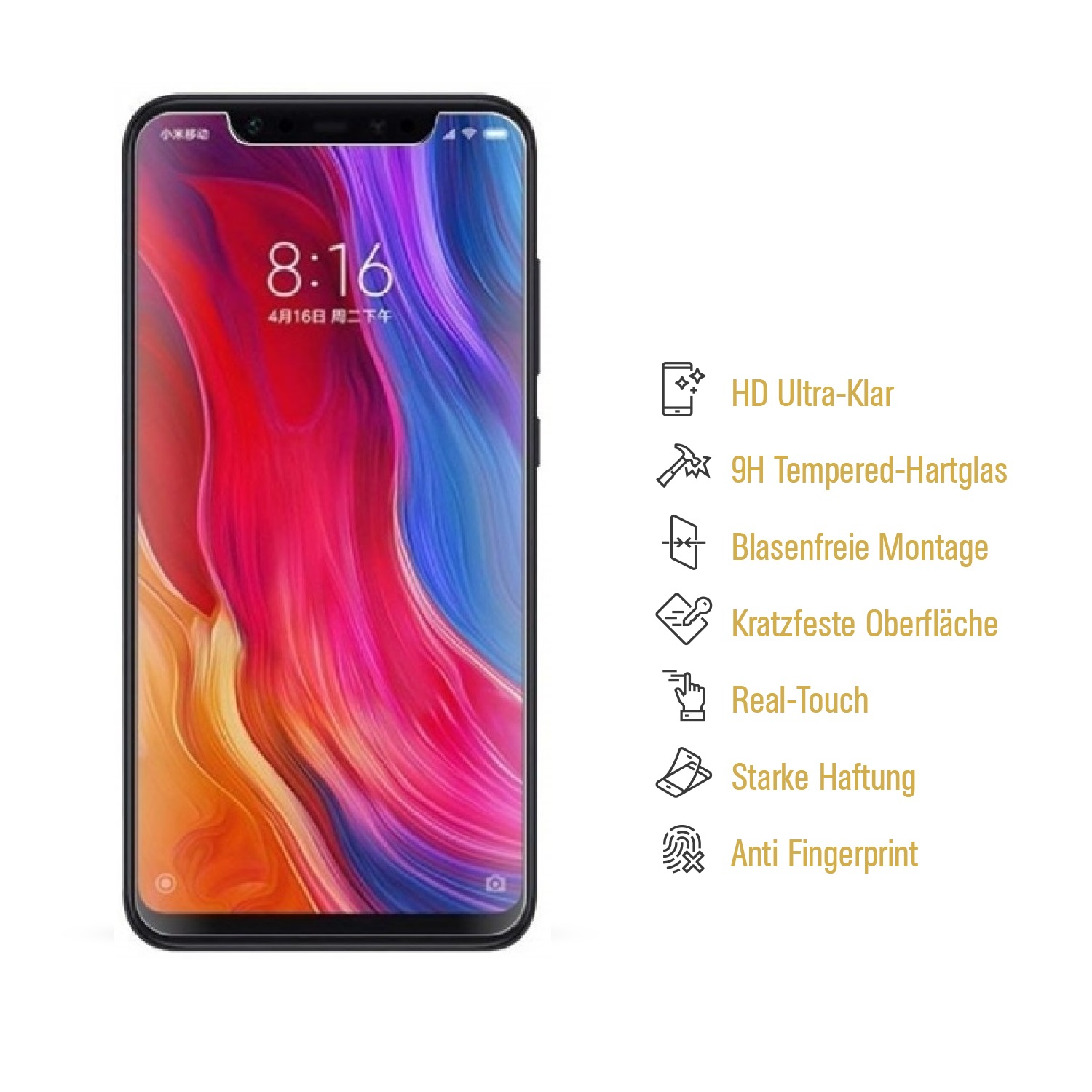 Ein Smartphone-Displayschutz. Das Telefon zeigt die Uhrzeit an. Text neben dem Telefon beschreibt Funktionen wie HD-Klarheit und Anti-Fingerprint.
