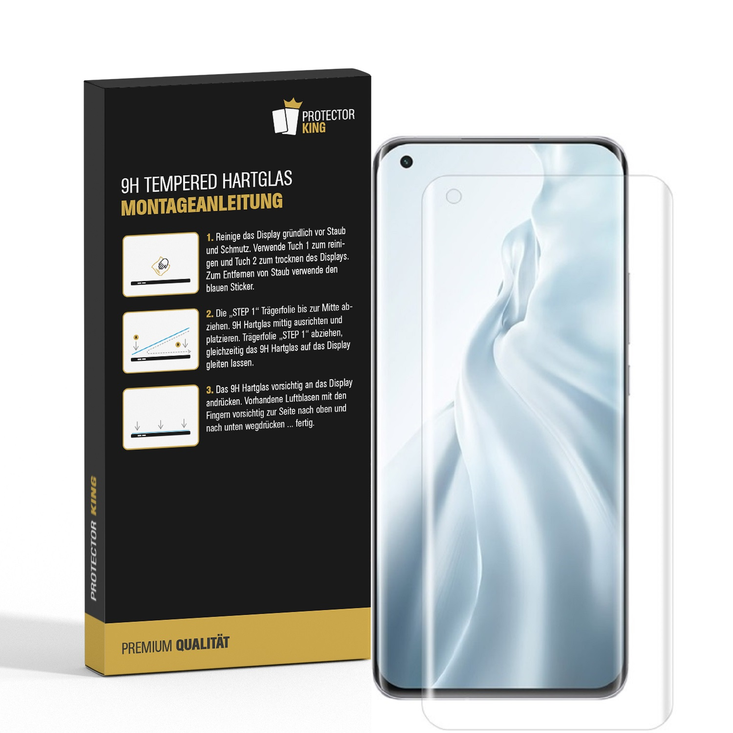 Ein Telefon mit Displayschutz und eine Box mit Anweisungen zur Anbringung des Schutzes.