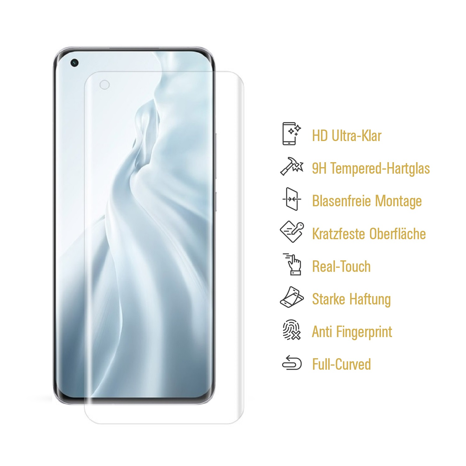 Ein Smartphone mit Displayschutz. Merkmale sind HD-Klarheit, 9H gehärtetes Glas, blasenfreie Installation und Anti-Fingerabdruck.