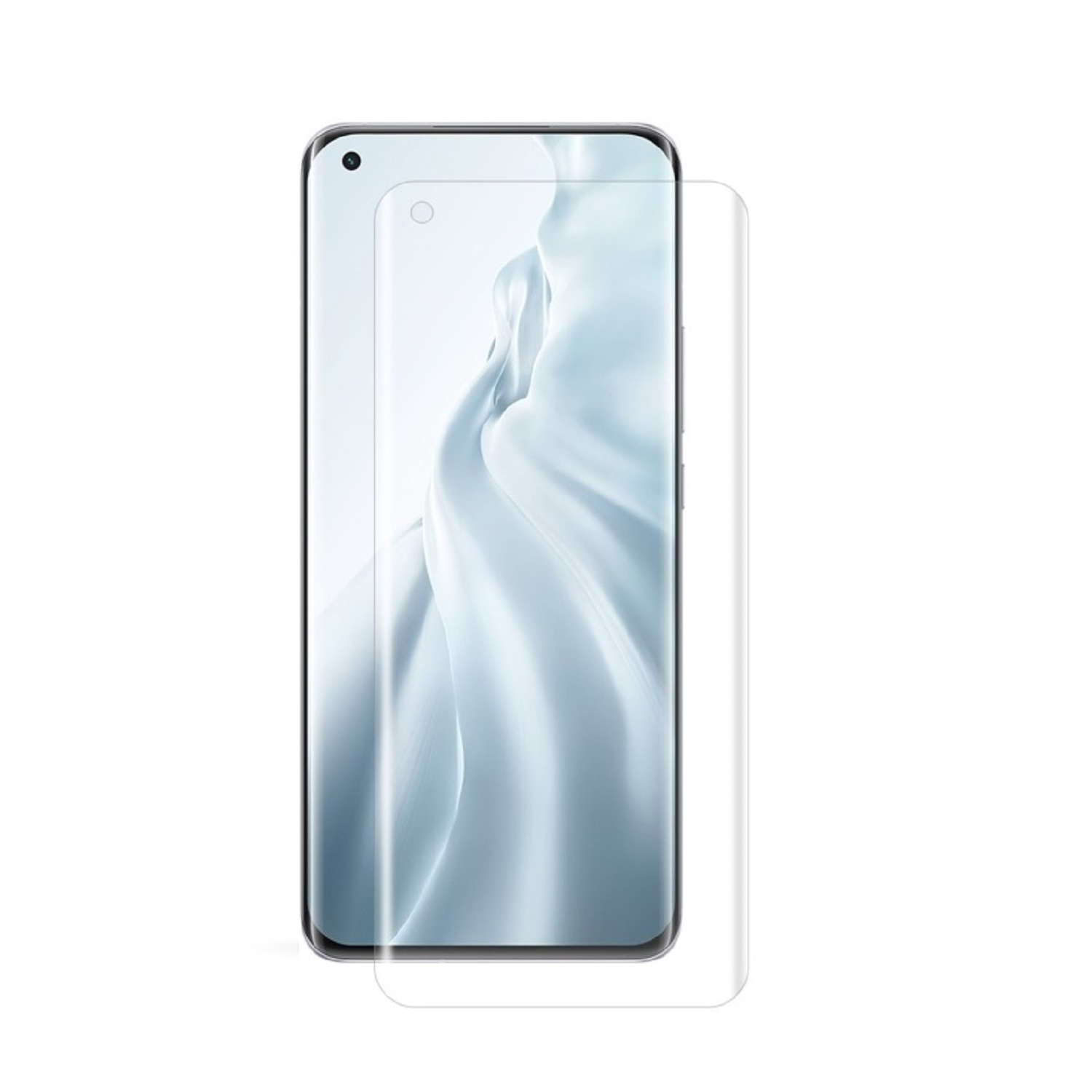 Ein Smartphone mit Displayschutz. Der Bildschirm zeigt einen hellen Hintergrund. Der Schutz ist transparent und liegt neben dem Telefon.