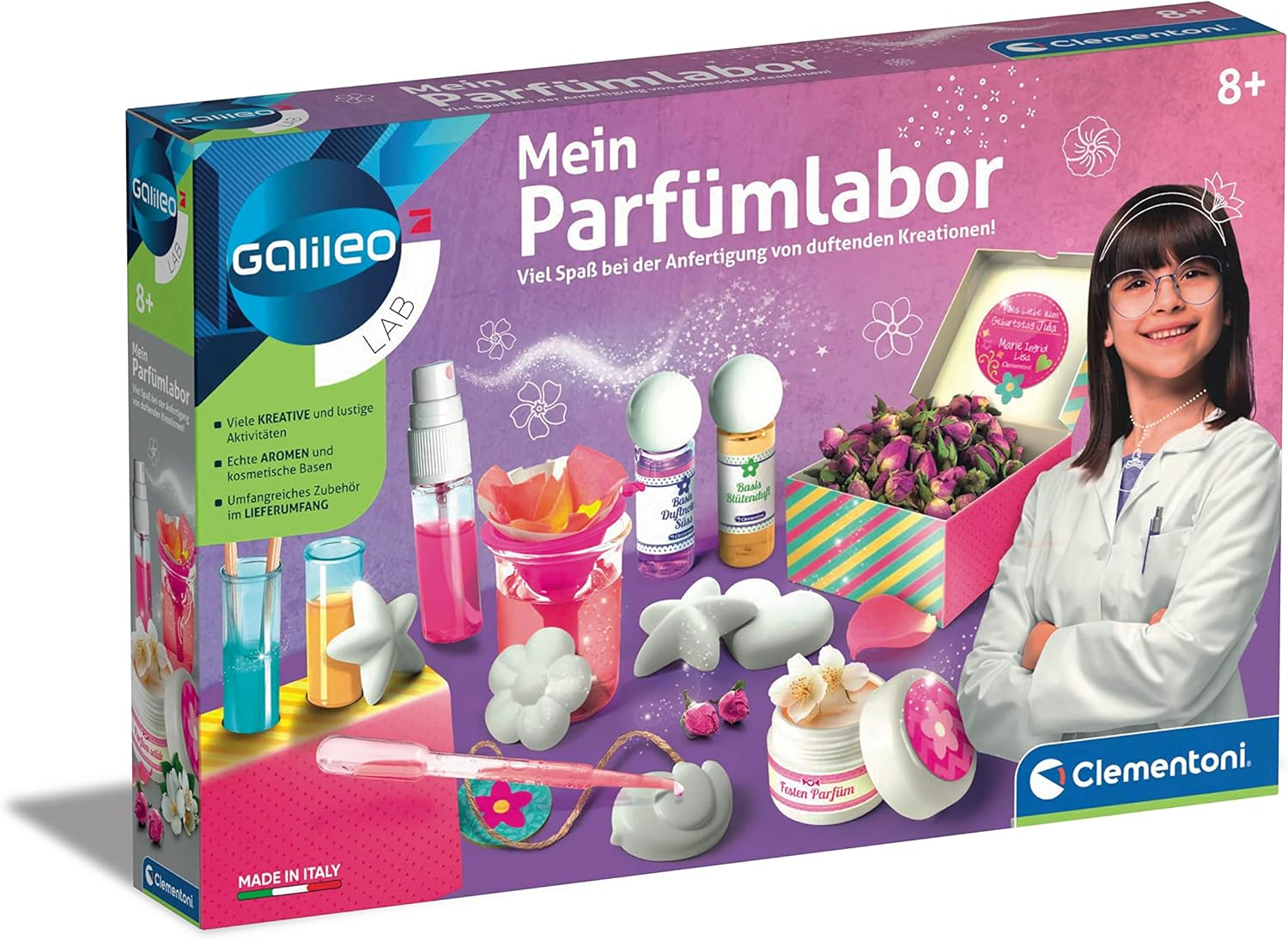 Ein Parfümherstellungskit mit einem Mädchen im Laborkittel. Das Kit enthält Flaschen, Blumen und eine Box mit der Aufschrift 'Mein Parfümlabor'.