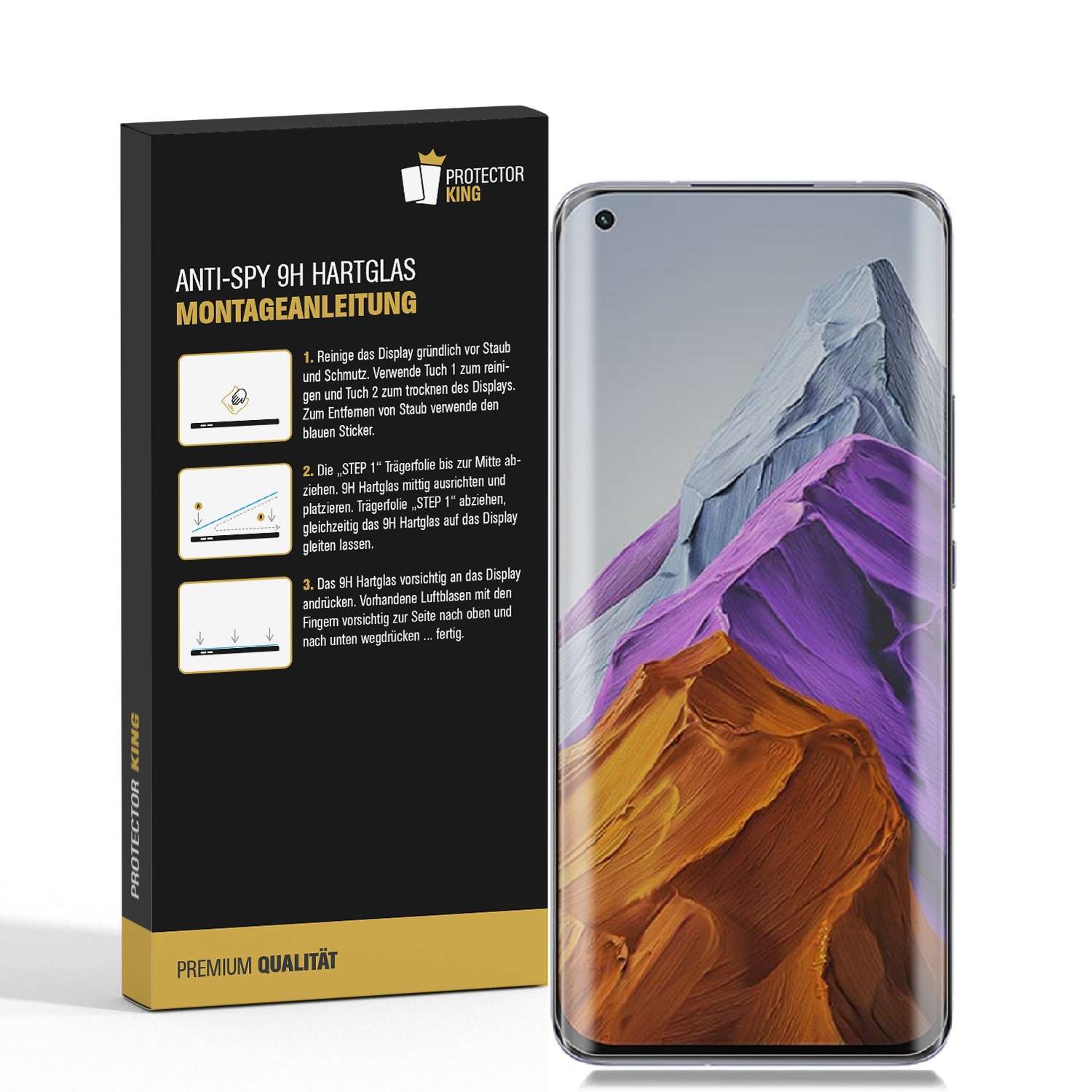 Eine Handyschutzfolienbox und ein Handy mit einem farbenfrohen abstrakten Bild. Anweisungen sind auf der Box.