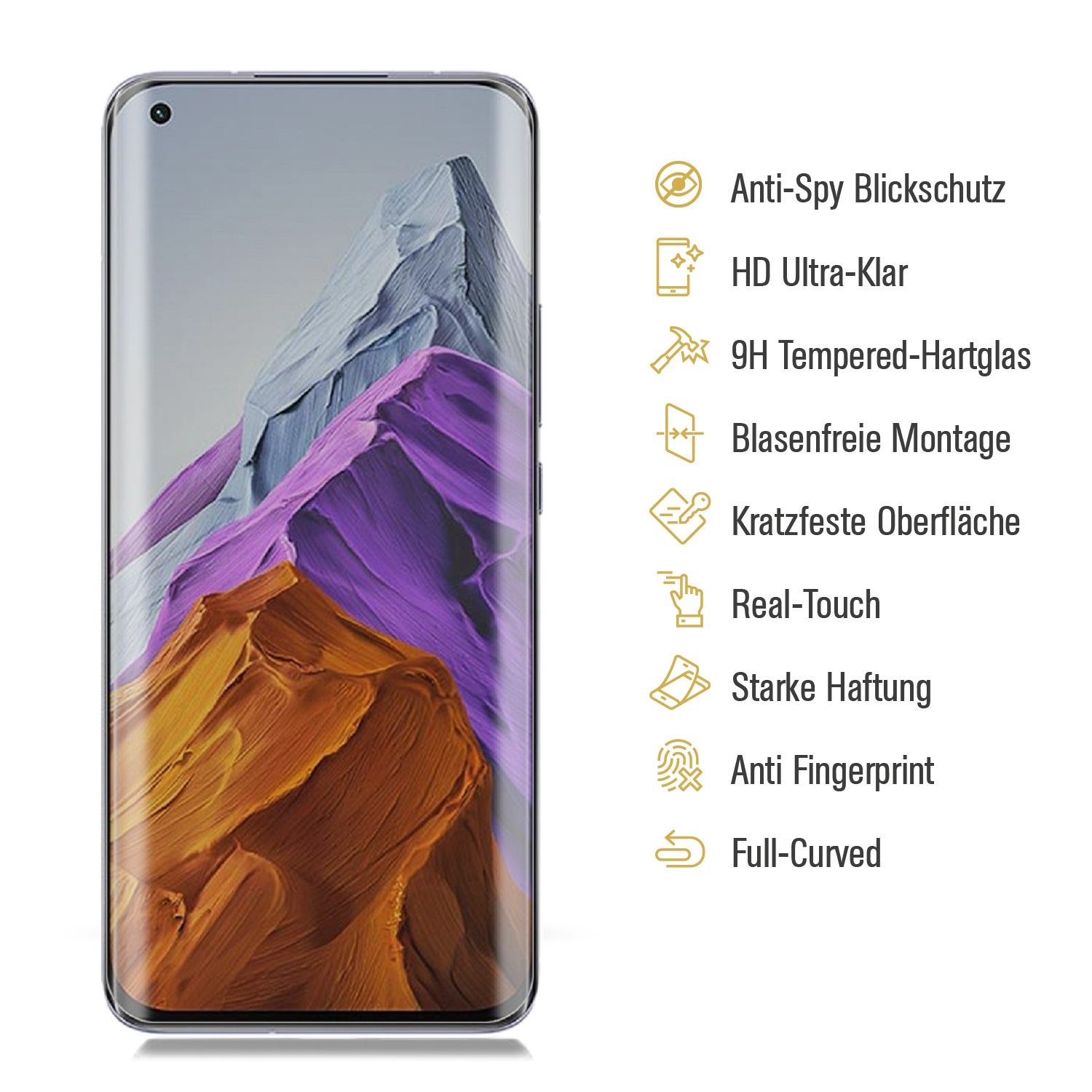 Ein Displayschutz für Smartphones. Merkmale sind Anti-Spy, HD-Klarheit, Hartglas und Anti-Fingerabdruck-Eigenschaften.