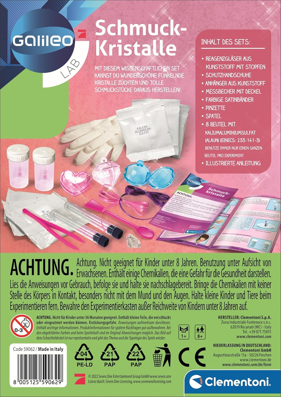 Wissenschaftskasten mit Kristallen, Fläschchen, Handschuhen und Anweisungen. Ab 8 Jahren. Enthält Warnhinweise.