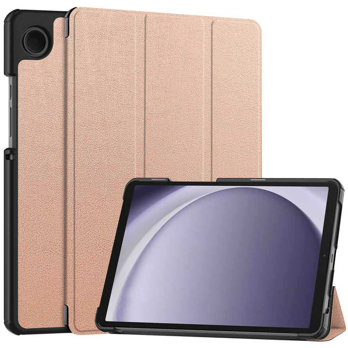 Tablet in einer rosa Hülle. Die Hülle ist geöffnet und das Tablet ist aufgestellt. Der Hintergrund ist eine passende geschlossene Hülle.
