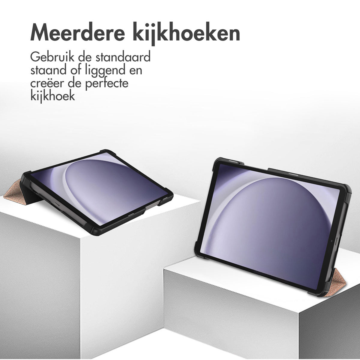Zwei Tablets auf weißen Blöcken, eines geneigt. Der Text oben lautet 'Mehrere Blickwinkel'.