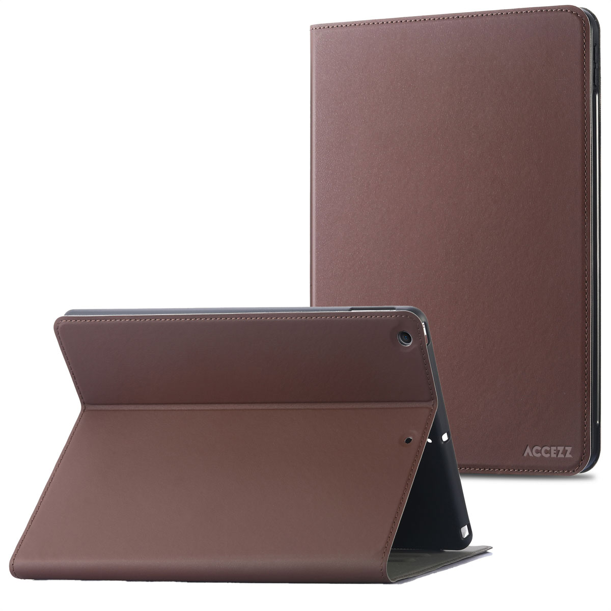 A brown leather tablet case is shown open and closed. The case has a magnetic closure and the brand name 'ACCEZZ' is visible.