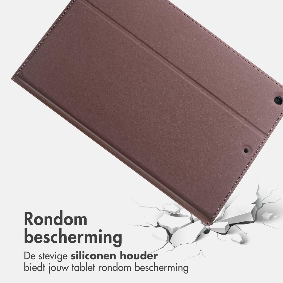 A brown tablet case is shown, angled downwards. Text in Dutch reads, 'All-around protection'.  White broken ground effect.