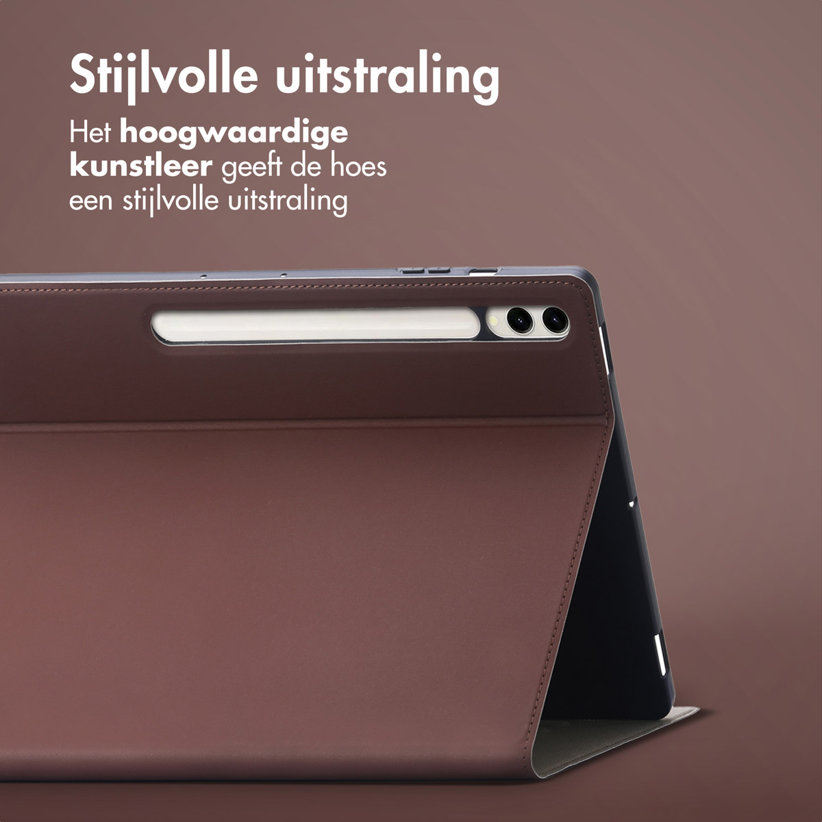 A brown tablet case is displayed, with text about its stylish appearance. The background is a gradient brown color.