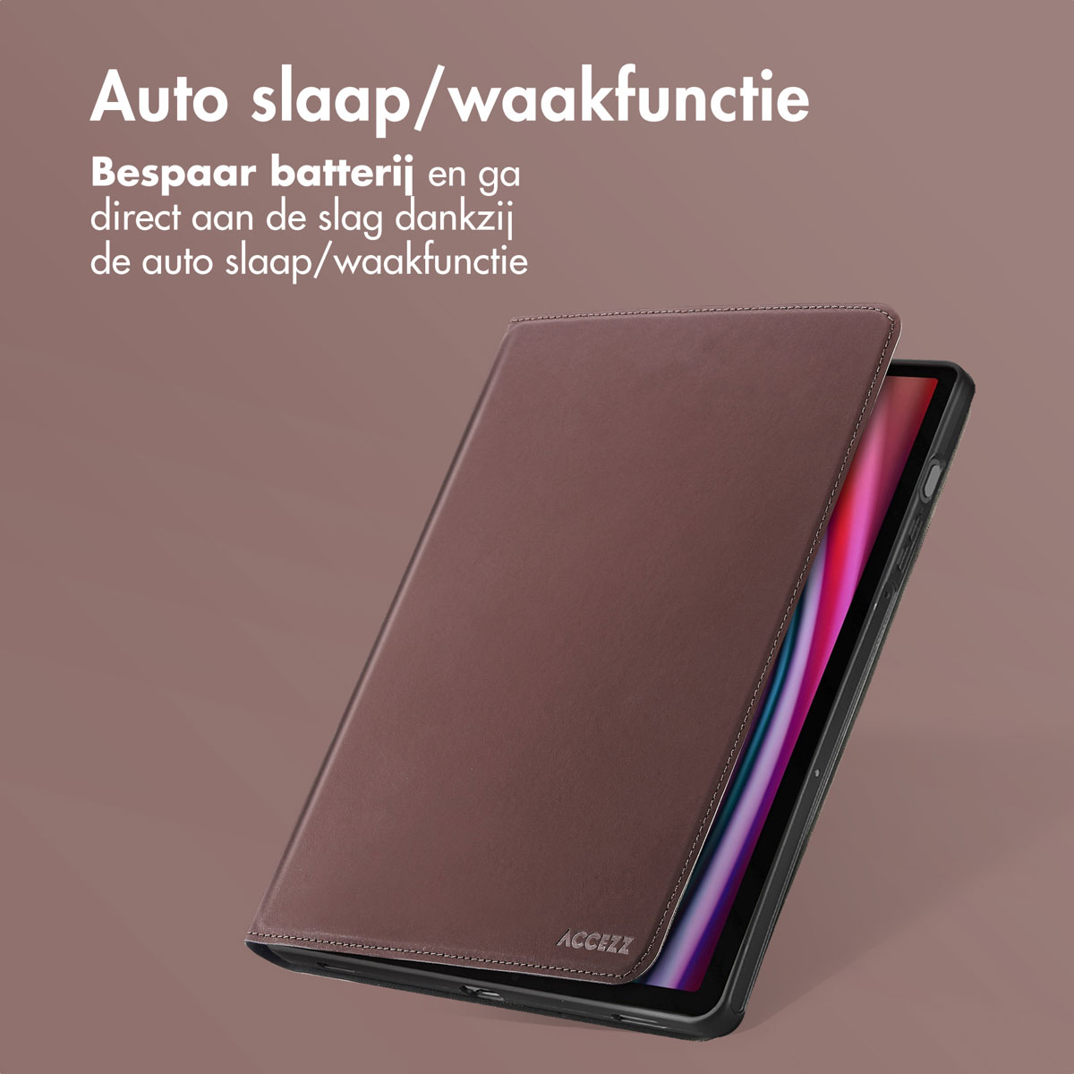 A brown tablet case is open, revealing a tablet screen. Text at the top reads 'Auto sleep/wake function'.