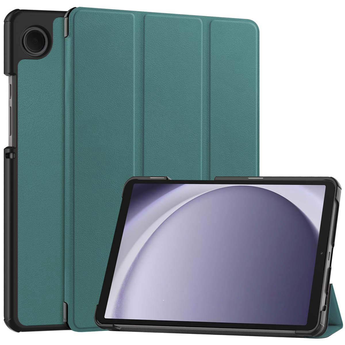 Ein Tablet in einer tealfarbenen Hülle ist aufgestellt. Die Hülle ist geöffnet und gibt den Bildschirm frei. Eine zweite tealfarbene Hülle befindet sich dahinter.