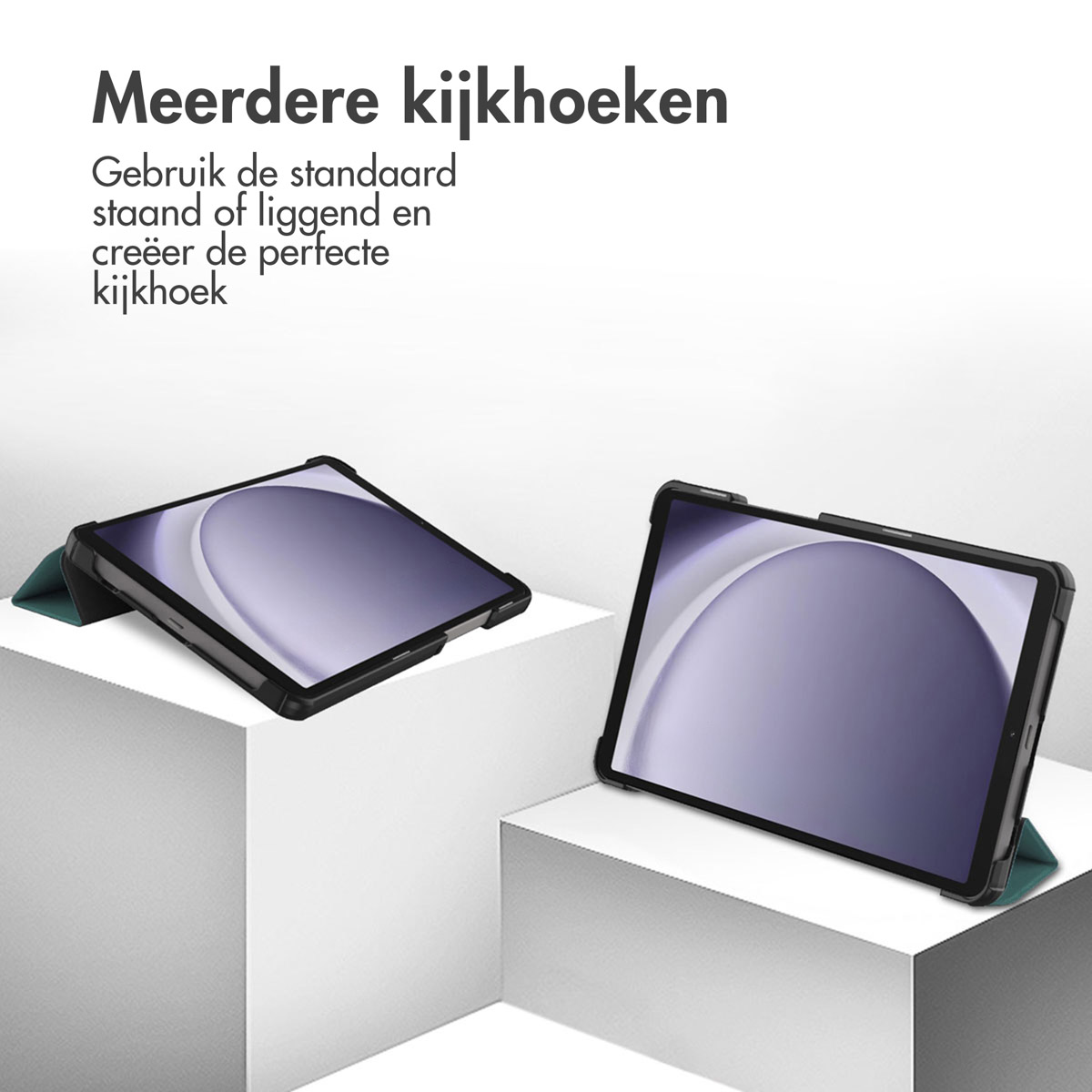 Zwei Tablets in schwarzen Hüllen auf weißen Plattformen. Text oben lautet 'Mehrere Betrachtungswinkel'.