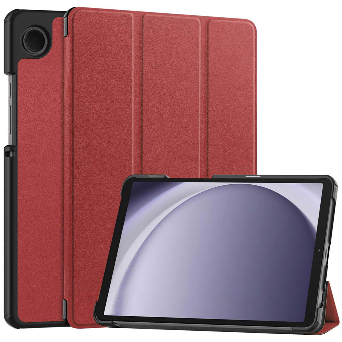 Eine rote Tablet-Hülle mit einem Tablet darin. Die Hülle ist offen und der Bildschirm des Tablets ist sichtbar.