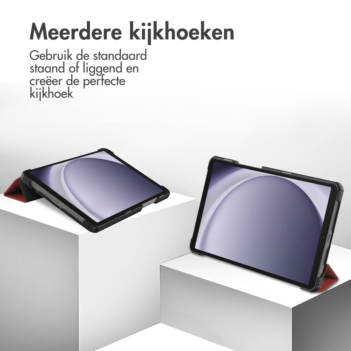 Tablets mit Hüllen auf weißen Plattformen, roten Ständern. Text: Mehrere Blickwinkel. Verwenden Sie Standard stehen oder liegen und erstellen Sie den perfekten Winkel.