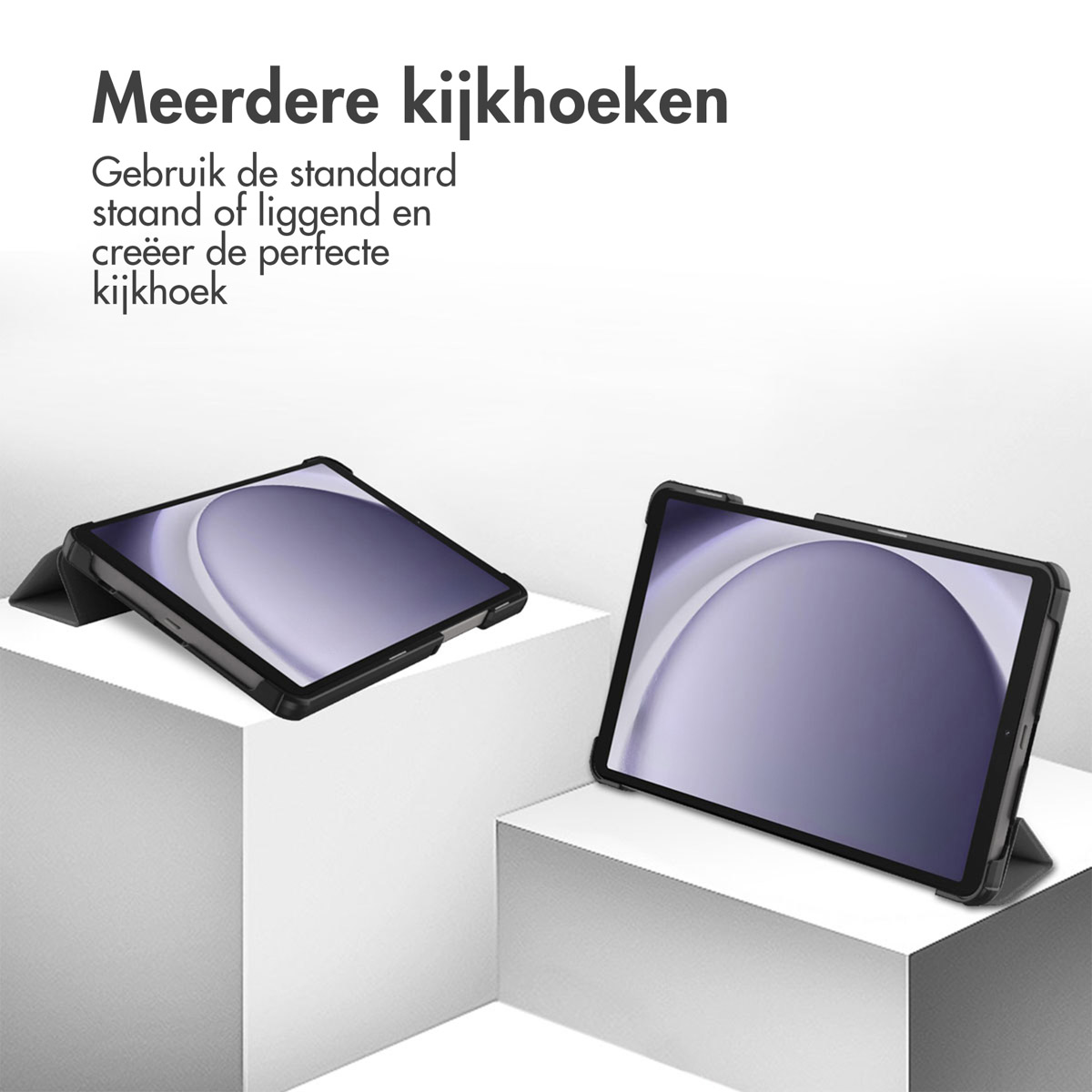Zwei Tablets in schwarzen Hüllen werden in verschiedenen Winkeln gezeigt. Der Text oben lautet 'Mehrere Blickwinkel'.