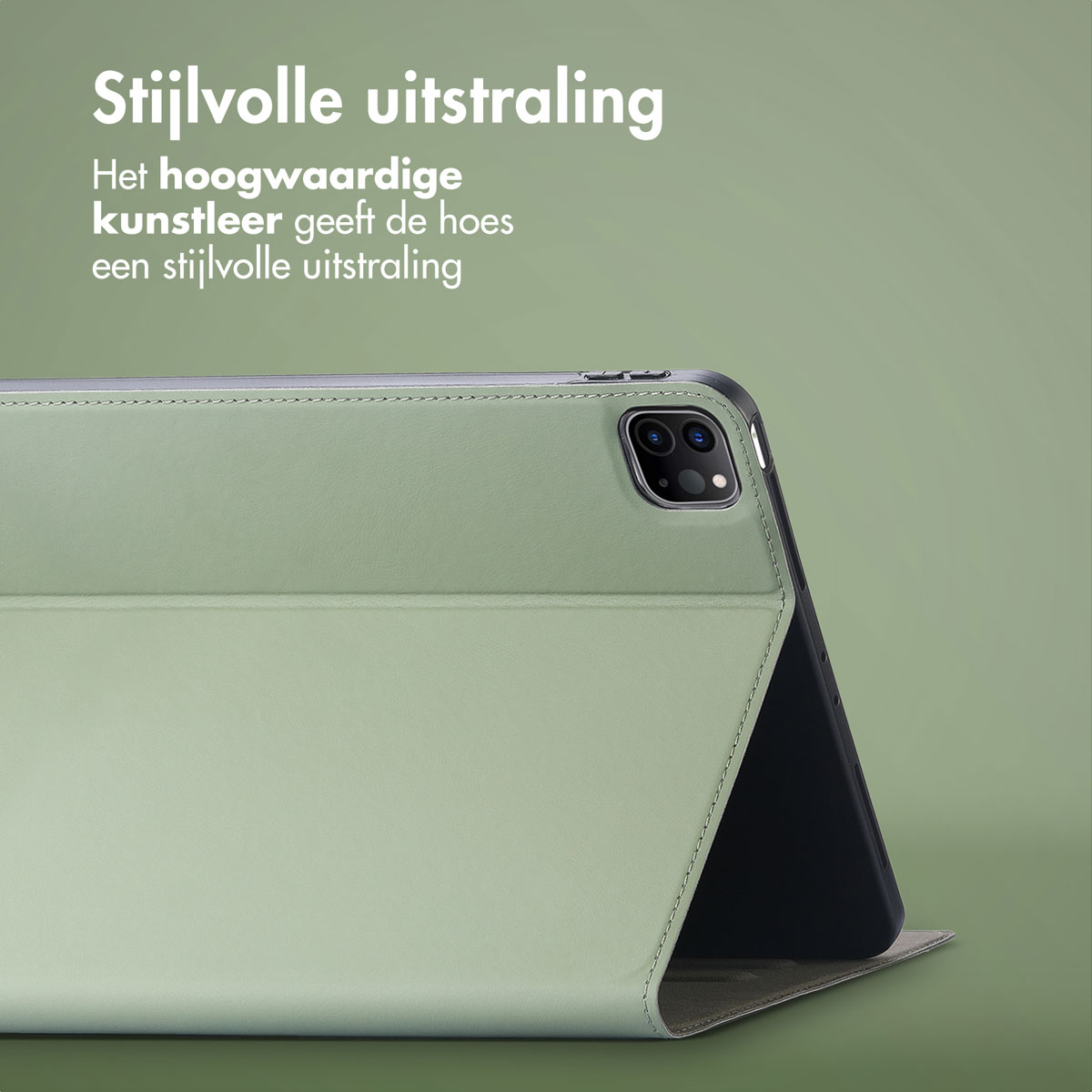 An iPad in a green leather case. The case is open, showing the screen and camera. Text at the top reads 'Stylish look'.
