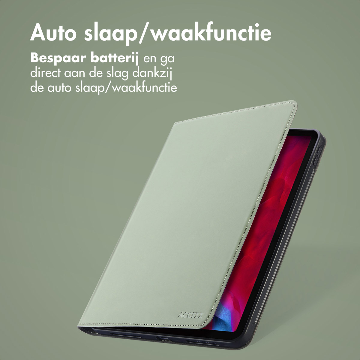 A tablet in a light green case is slightly open, revealing a red screen. Text at the top says 'Auto sleep/wake function'.