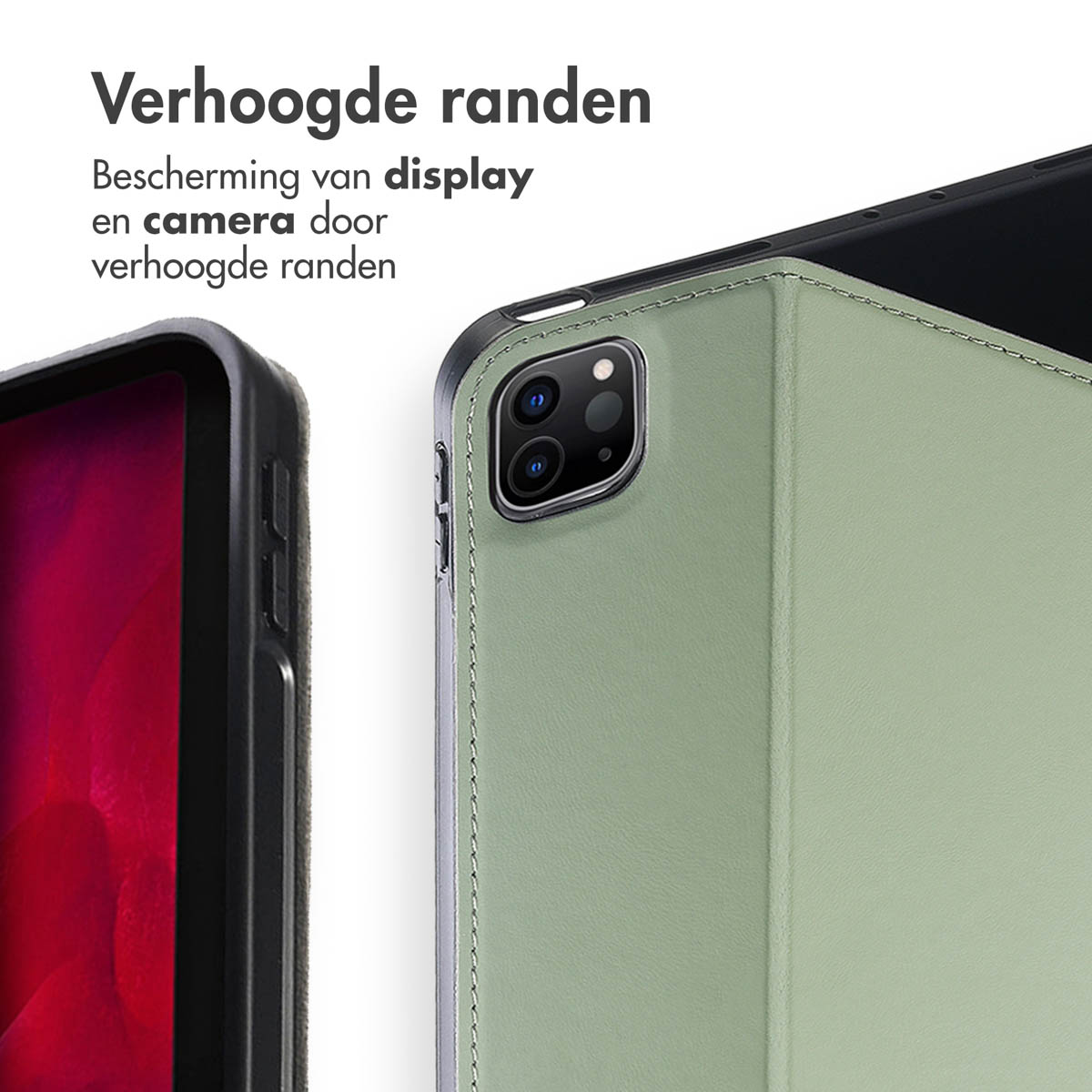 Close-up of a tablet case. The case is light green with a raised edge. Text in Dutch reads, 'Raised edges, protection for display and camera'.