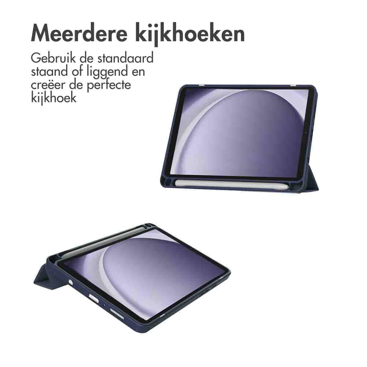 Two tablets in blue cases on a white background. Text in Dutch at the top. One tablet is angled, the other is upright.