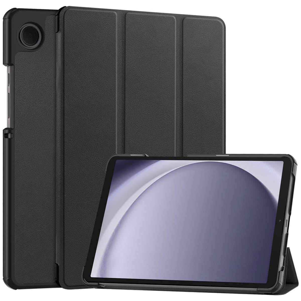 Une tablette et un étui noirs sont présentés. La tablette affiche un écran violet clair. L'étui est ouvert et derrière la tablette.