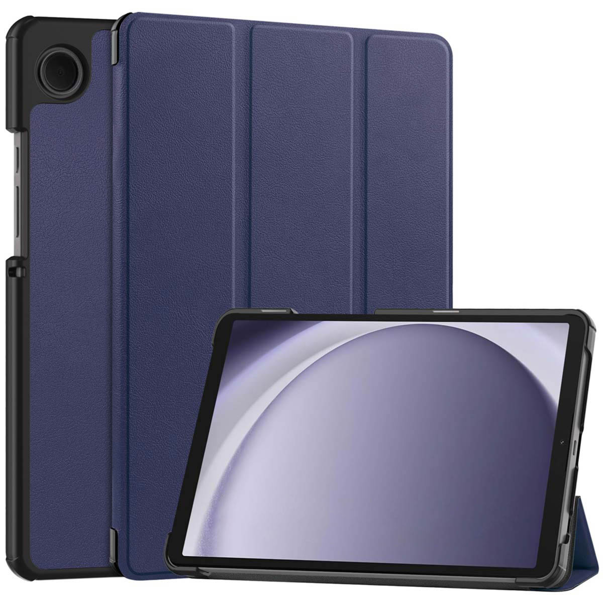 Ein Tablet in einer dunkelblauen Hülle steht aufrecht und zeigt den Bildschirm. Die Hülle ist gefaltet, mit schwarzem Rahmen und Kamera.