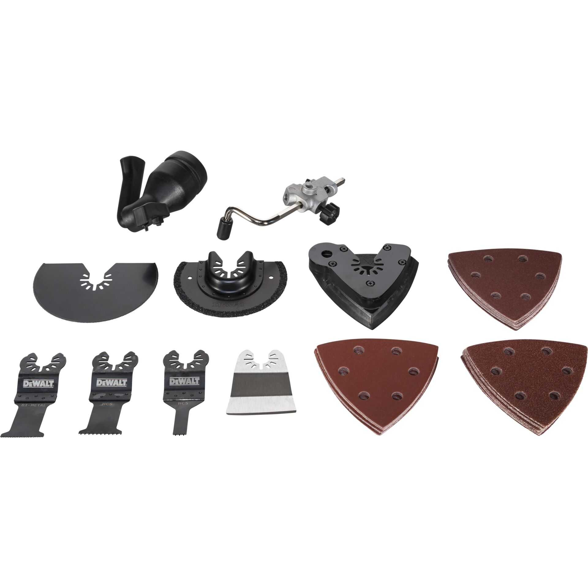 Zestaw akcesoriów do elektronarzędzi, w tym ostrza, pady szlifierskie i nasadki. Widoczne są różne kształty, rozmiary i kolory.