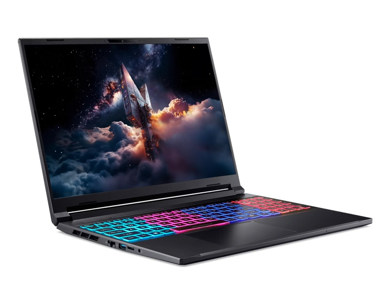 Un laptop nero mostra un'astronave nello spazio. La tastiera ha luci colorate. Il laptop è su sfondo bianco.