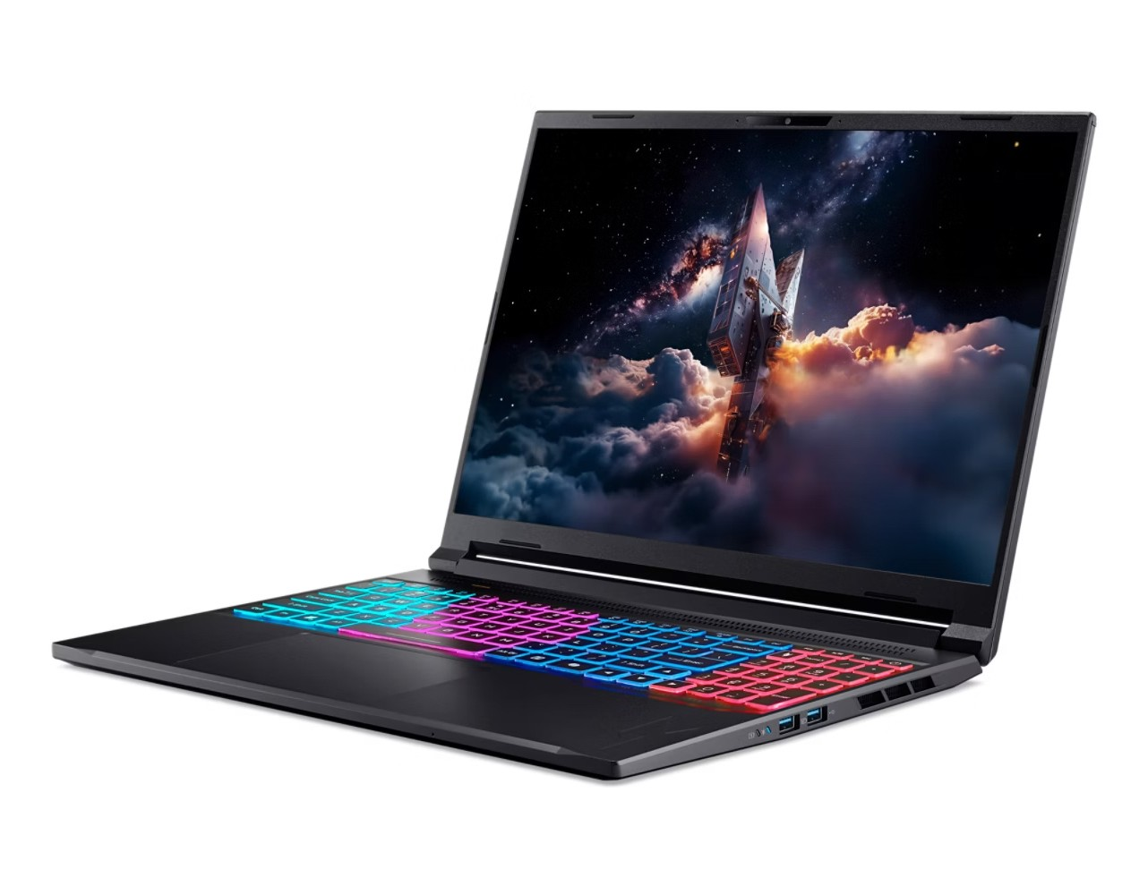 Un laptop nero con tastiera colorata, che mostra un'immagine di astronave sullo schermo. Lo sfondo è bianco.